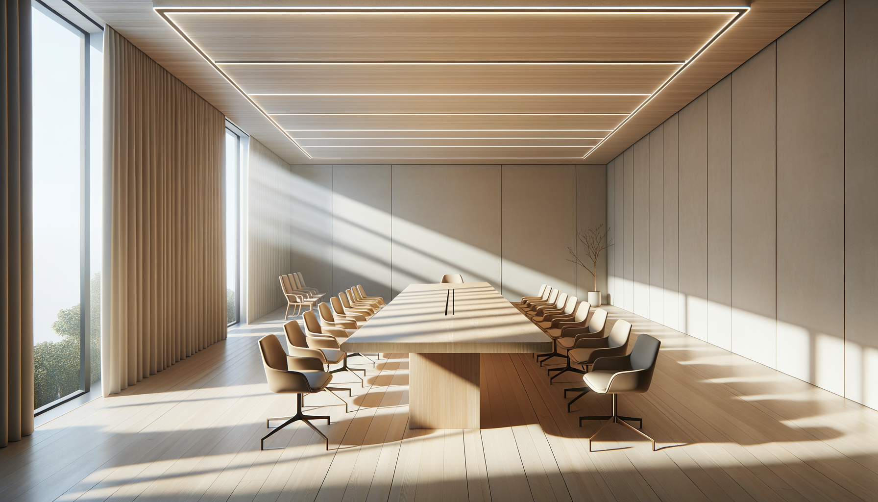 A spacious, modern conference room with a long rectangular wooden table, surrounded by beige office chairs, large windows with curtains, and a wooden ceiling with LED strip lighting, sunlight casting shadows on the floor.