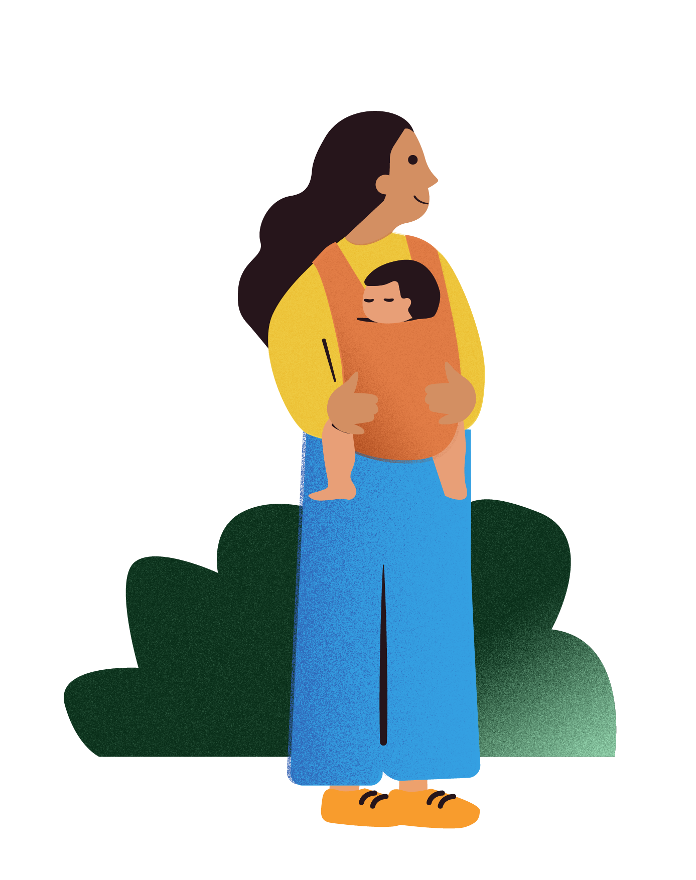 Illustration of a person in blue pants carrying a child in an orange wrap on their chest, with a green shrub background.