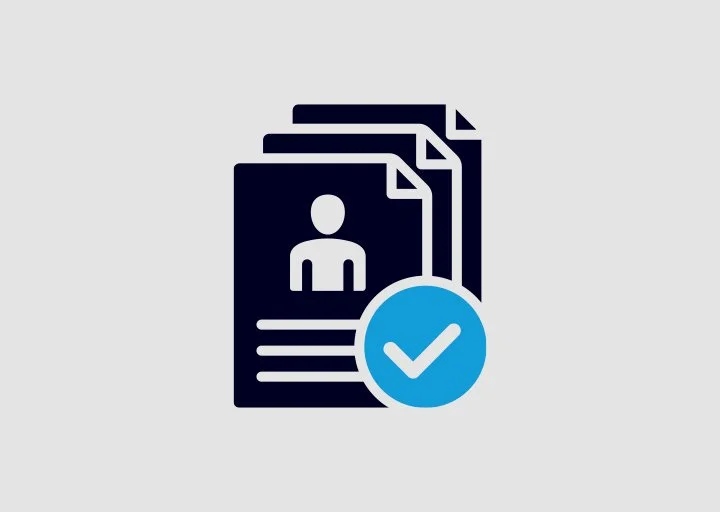 Icon of multiple documents with a user profile picture and a blue checkmark symbol.