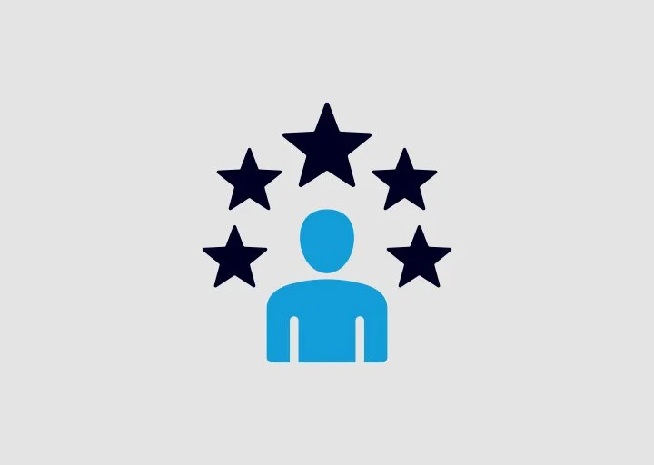Icon of a person with five stars above their head, representing excellence or achievement.