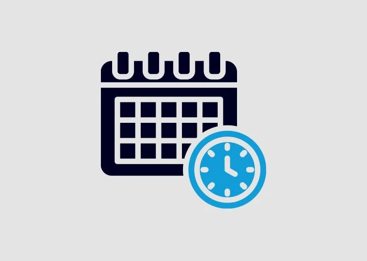 Icon of a calendar with a clock in front of it, representing scheduling or date and time.