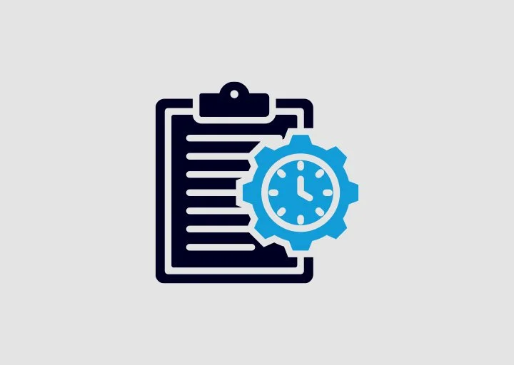 Icon of a clipboard with lines of text and a gear with a clock inside, representing time management or scheduling.