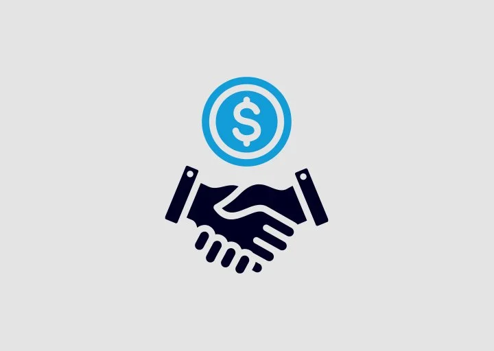 Icon of a handshake with a dollar coin above it, representing financial agreement or partnership.