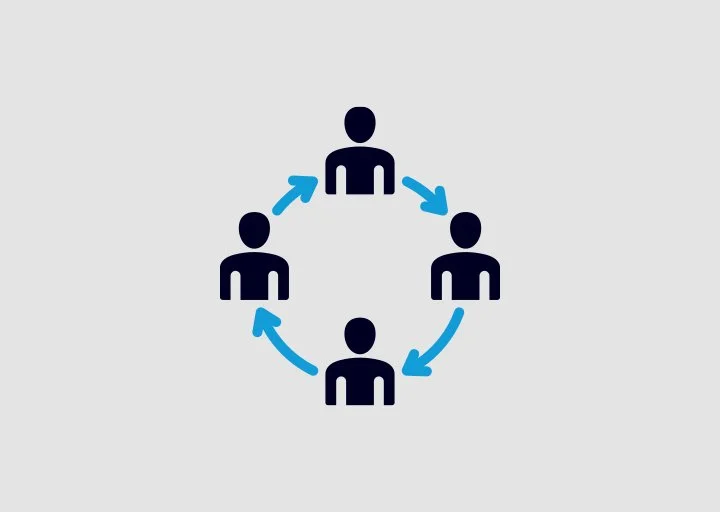 Graphic of five stylized human figures arranged in a circle with arrows connecting them, symbolizing teamwork or process flow.