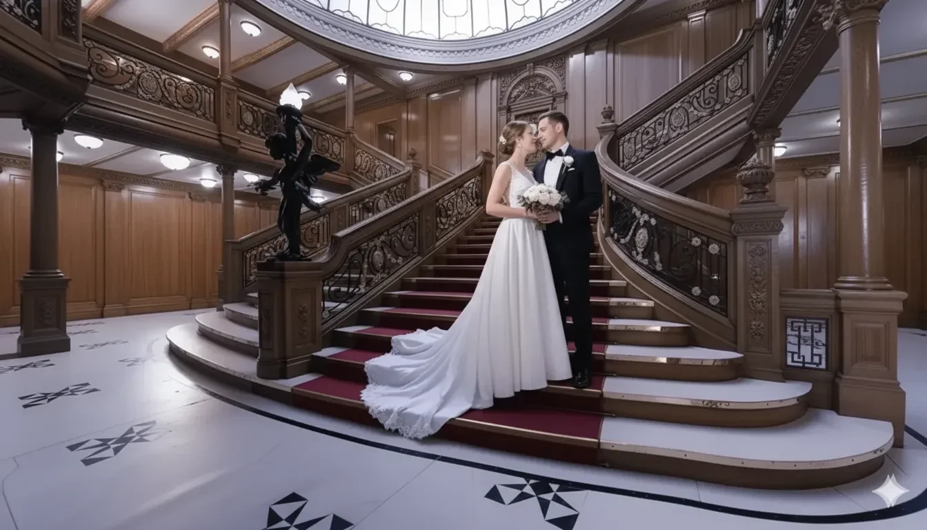 A bride and groom stand on a grand staircase in a luxurious, wood-paneled interior. The bride wears a long white wedding gown and holds a bouquet, while the groom wears a black tuxedo. They are facing each other, touching noses, with the bride's trai