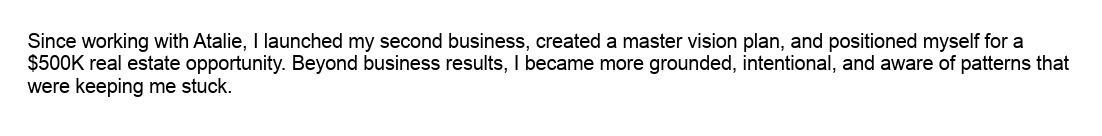 Text discussing business achievements and personal growth after launching a second business and creating a master vision plan.