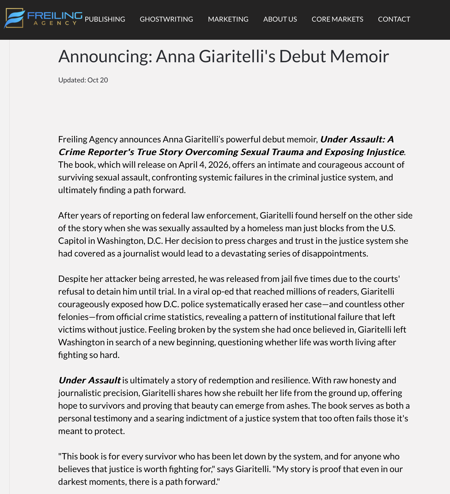 Anna Giaritelli book announcement publisher Freiling Agency