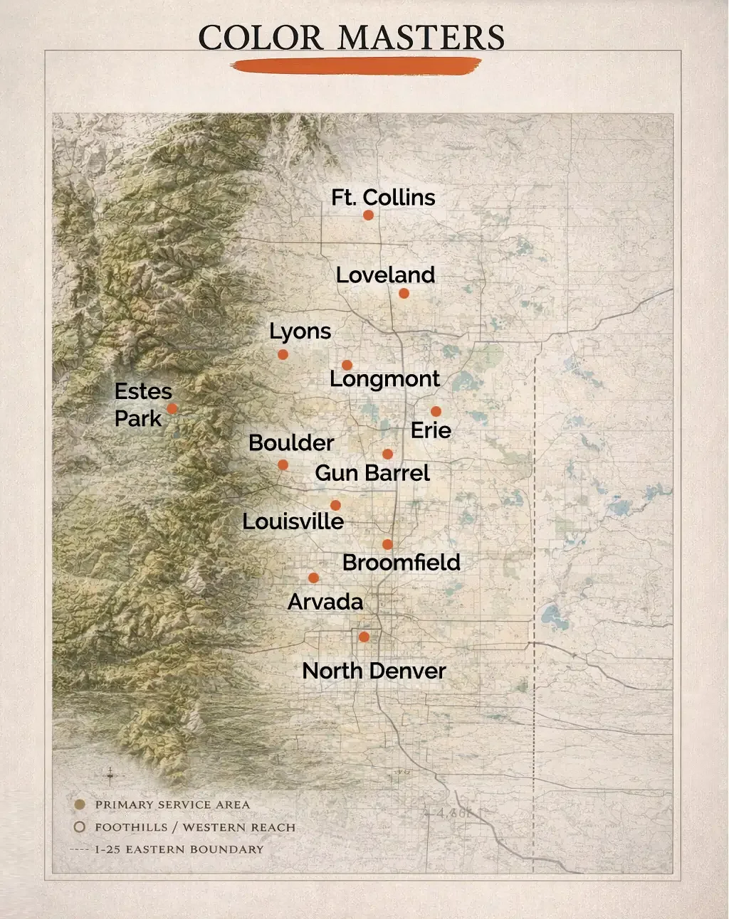 Map depicting weather service areas in Colorado and parts of Wyoming, with city labels including Ft. Collins, Loveland, Longmont, Erie, Boulder, Gun Barrel, Louisville, Broomfield, Arvada, North Denver, Estes Park, Lyons, and North Denver. Shows mountain ranges on the left side.