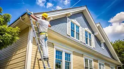 A man in a yellow hard hat standing on a ladder, painting the trim of a house in the daytime.