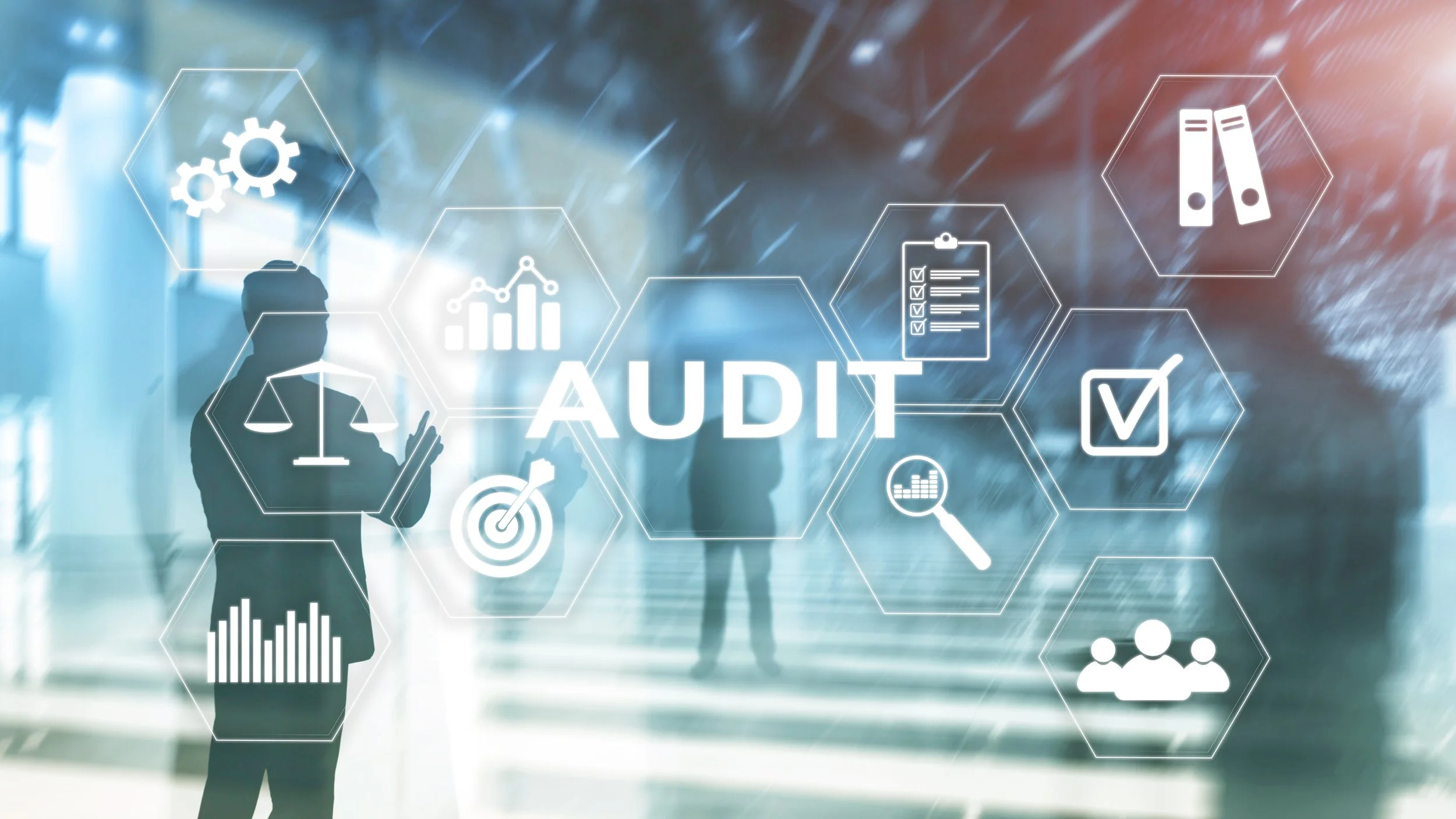 Organisational Audit represented by a high-tech screen with the word 'AUDIT' and various icons showing data analysis, checklists, graphs, files.
