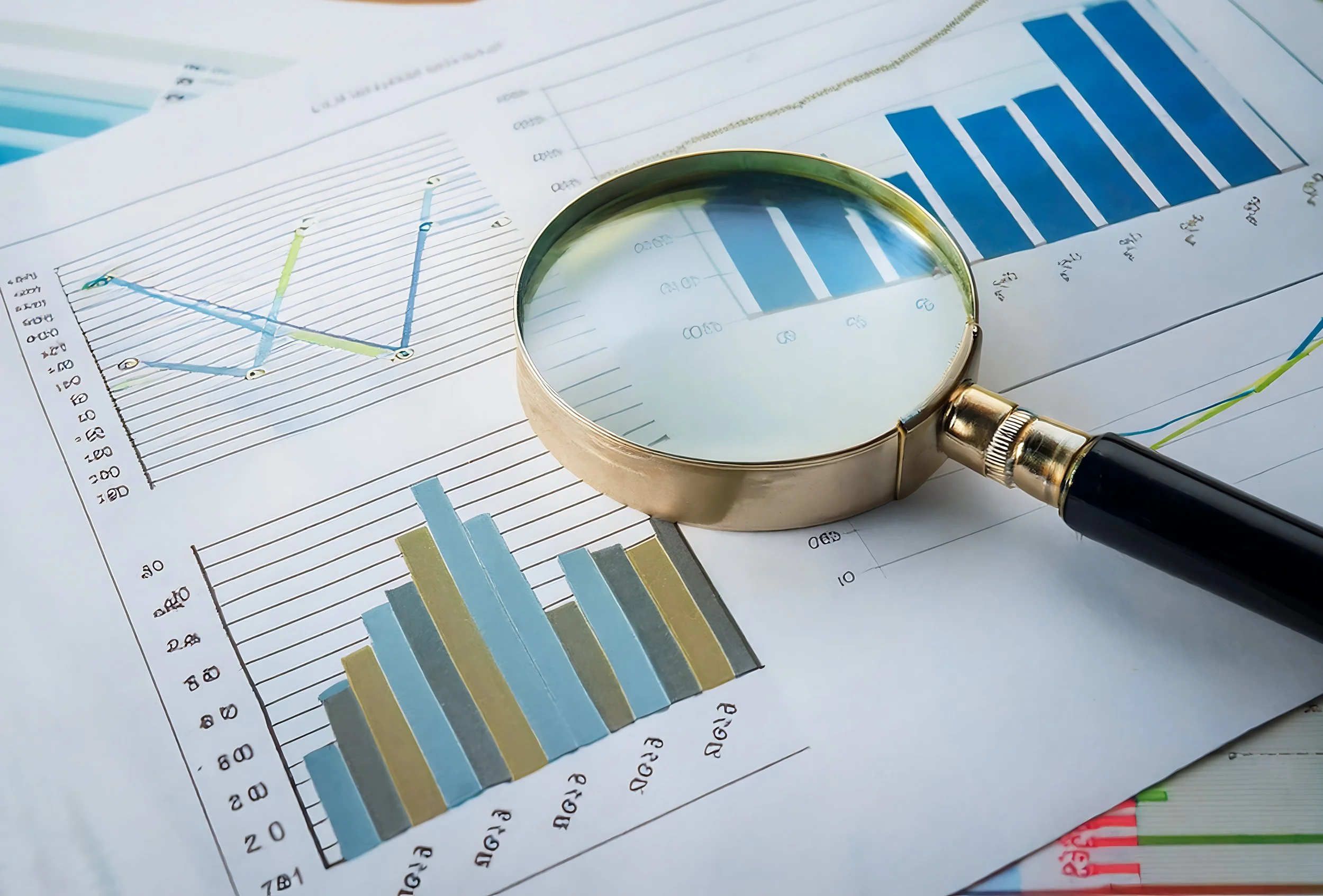 Research and Studies illustrated by a magnifying glass on financial charts and graphs on paper.