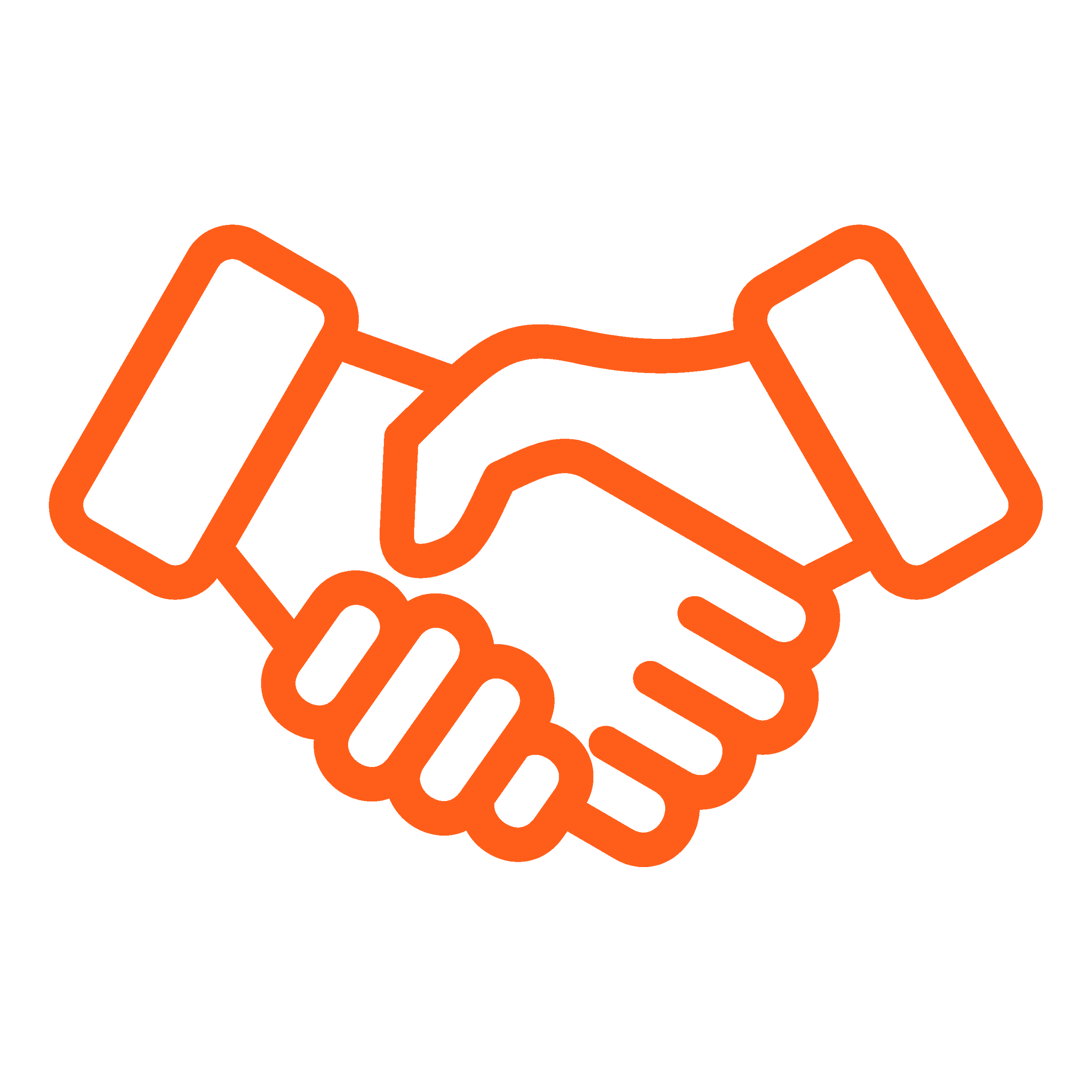 Icon of a handshake in orange outline, represents finding local partners.