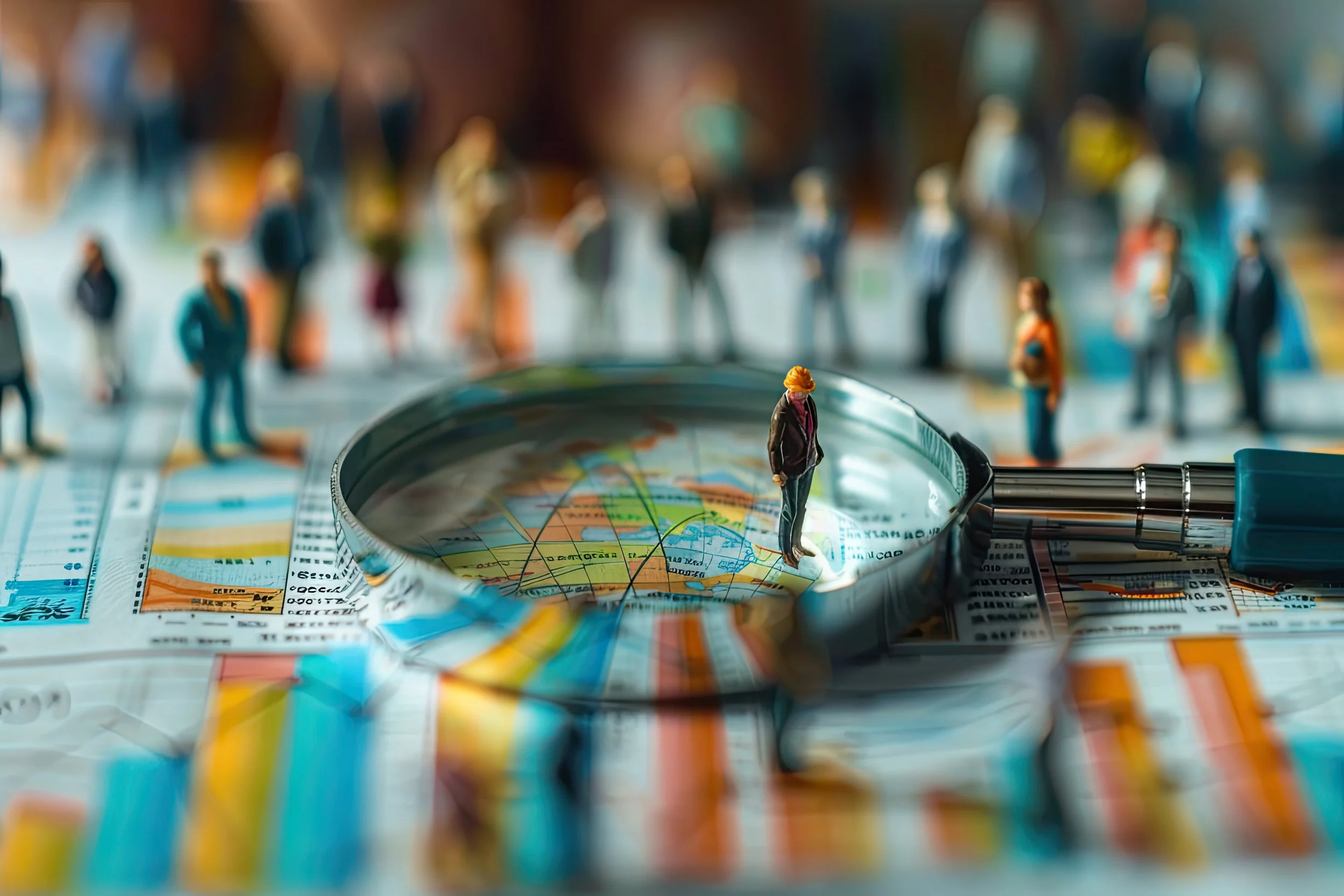 Socio-economic studies represented by miniature figurines of people standing on economical charts with a magnifying glass focusing on the figures.