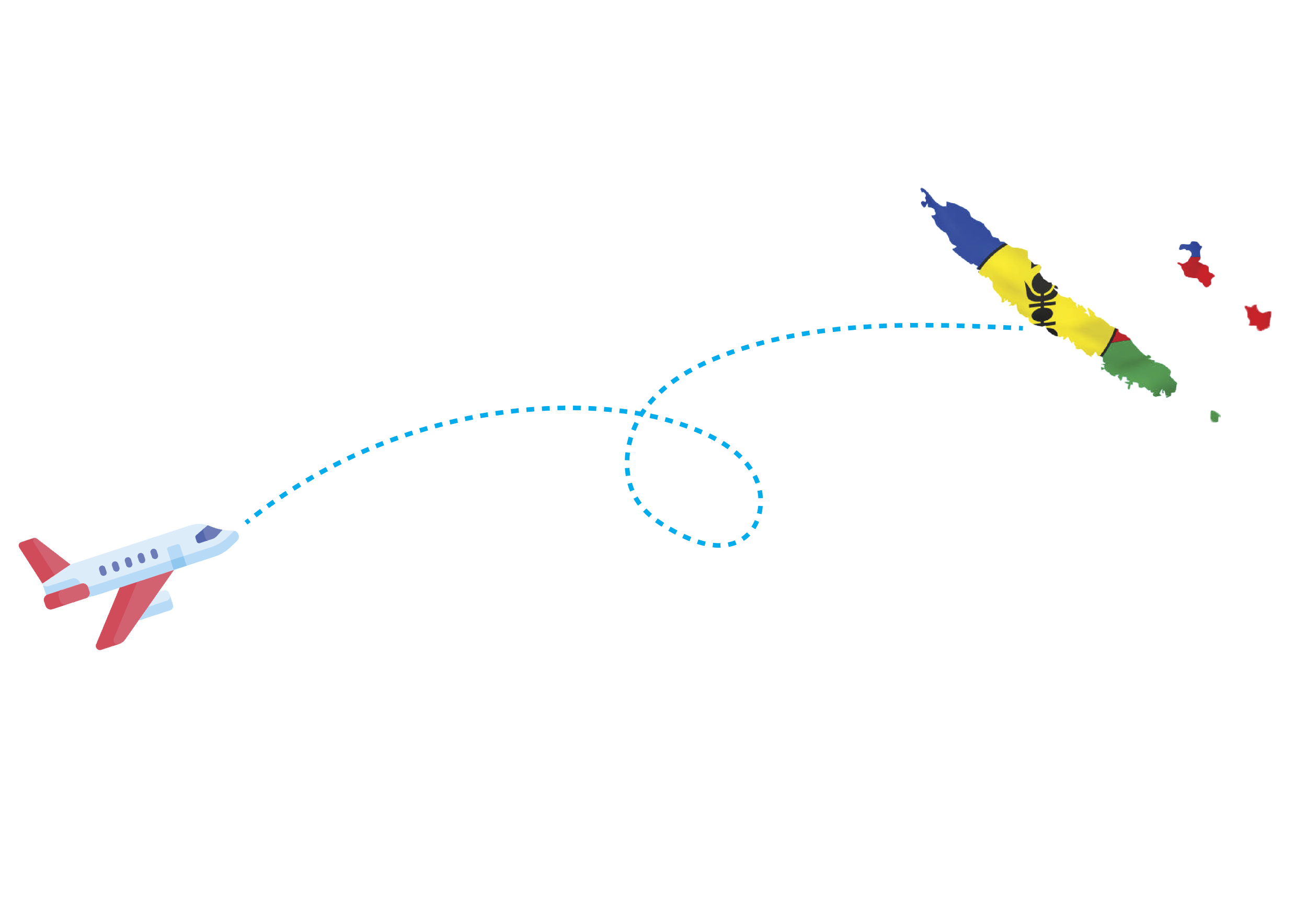 A map depicting a flight going to New Caledonia, an airplane icon at the starting point, and a map of New Caledonia with flag.