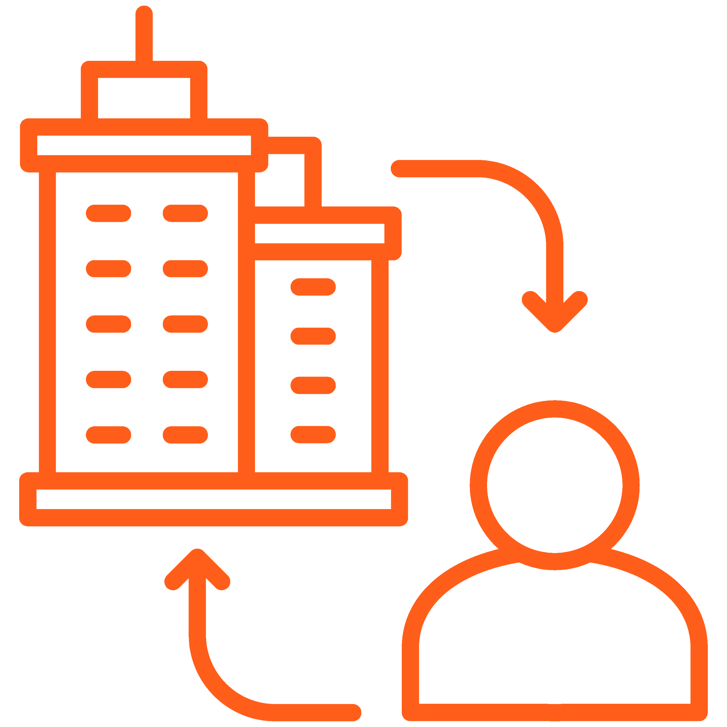 Outline of a person connected by arrows to a cityscape with tall buildings and an arrow pointing from the city back to the person. Symbolises company representation.
