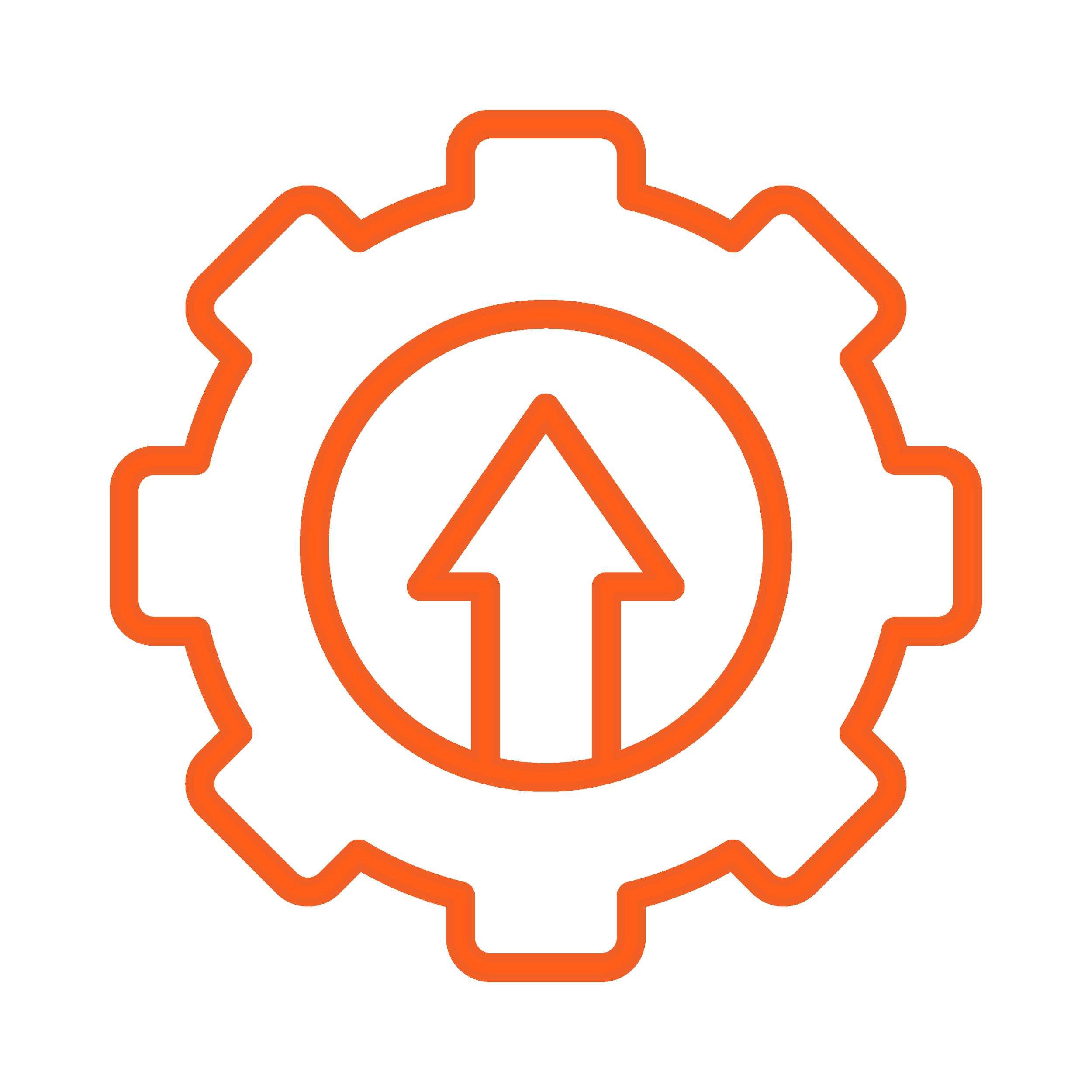 Neon orange outline of a gear with an upward arrow inside a circle at the center.