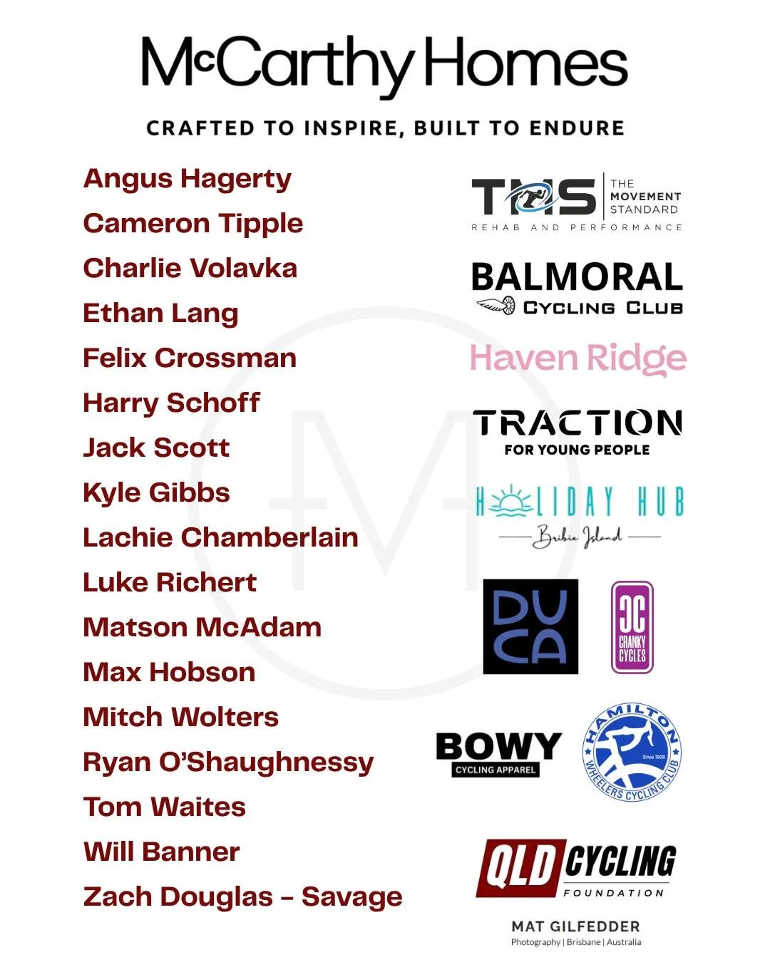 We&rsquo;re excited to announce our roster for the 2026 season! Our squad brings together experience, energy, and emerging talent &mdash; ready to represent Queensland on the national stage.

🚴&zwj;♂️ Rider Lineup:
Angus Hagerty
Cameron Tipple
Charl