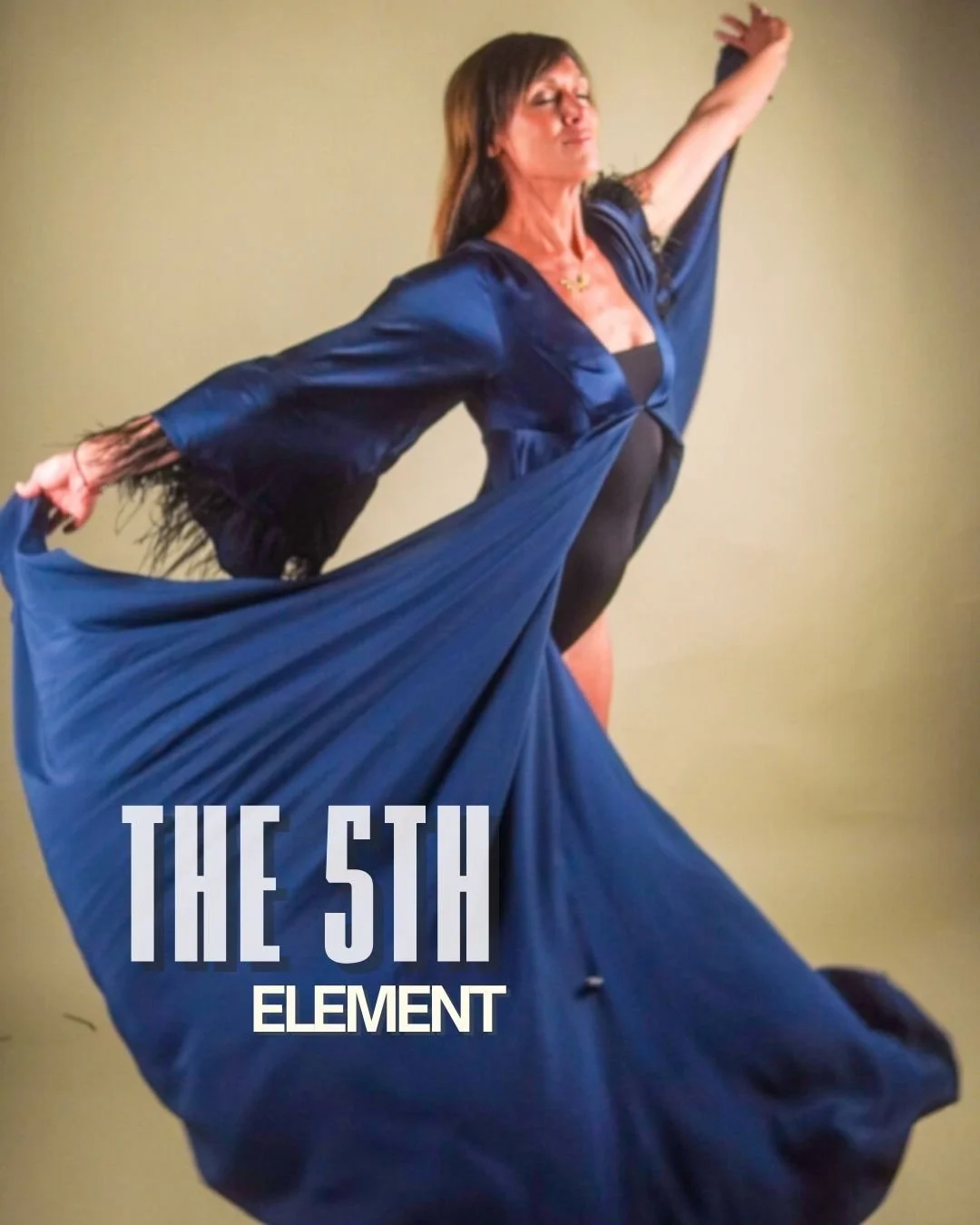 A woman lying on her back with arms stretched out, on a yellow background with the words '5th element' glowing above her.