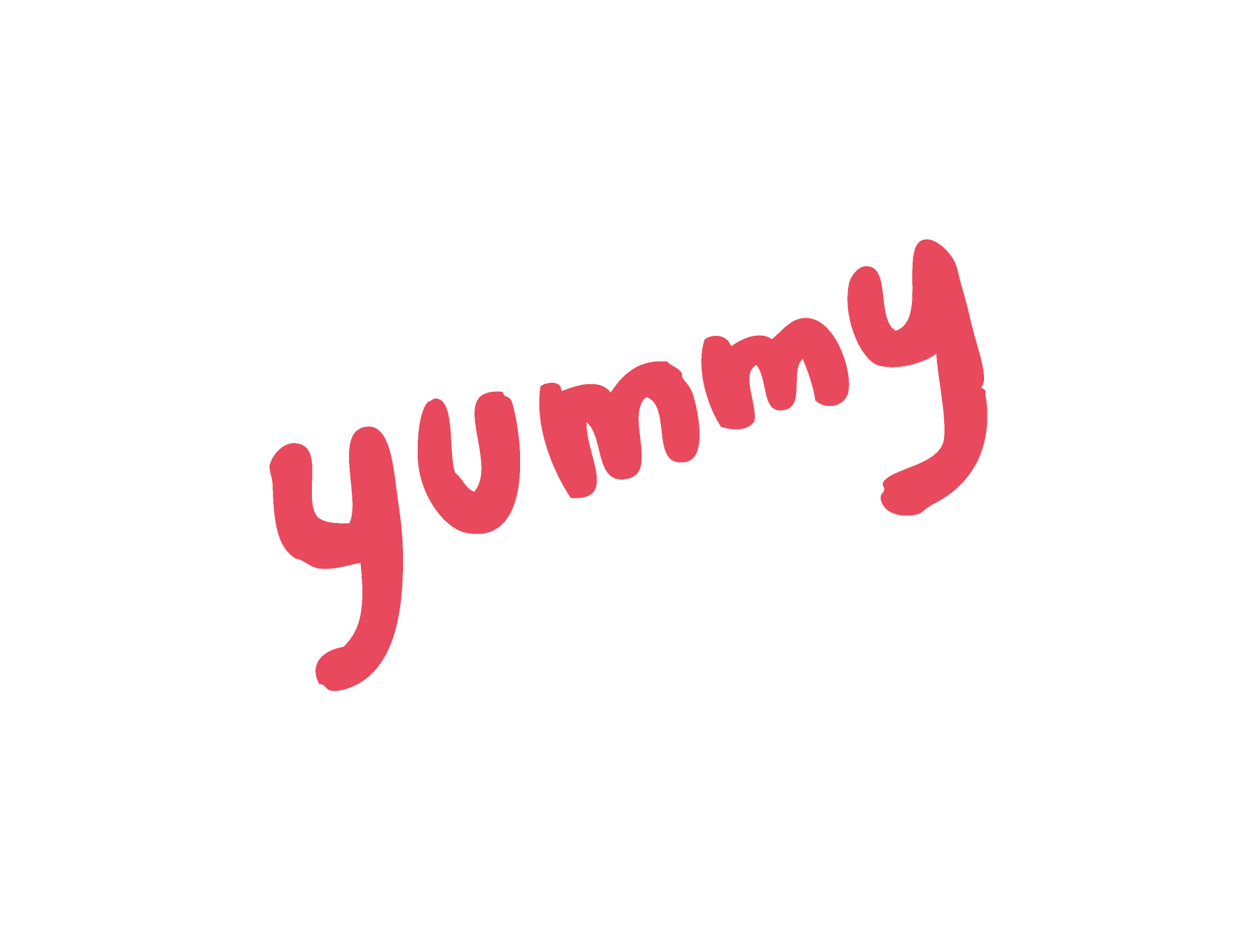 白いスピーチバブルにピンクの文字で「yummy」と書かれている。