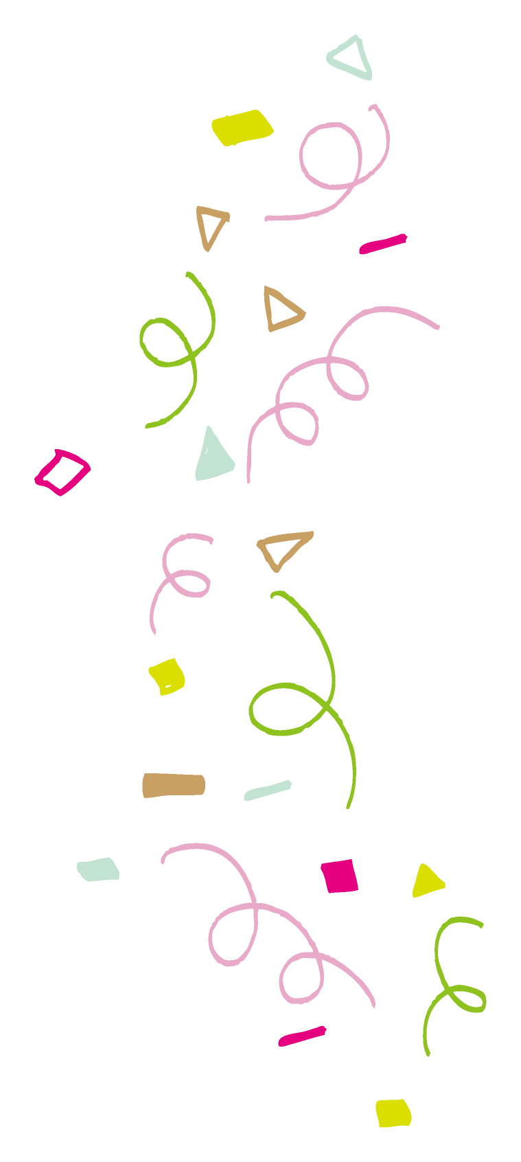 カラフルな紙吹雪とリボンが黒い背景に散らばっているデザイン。