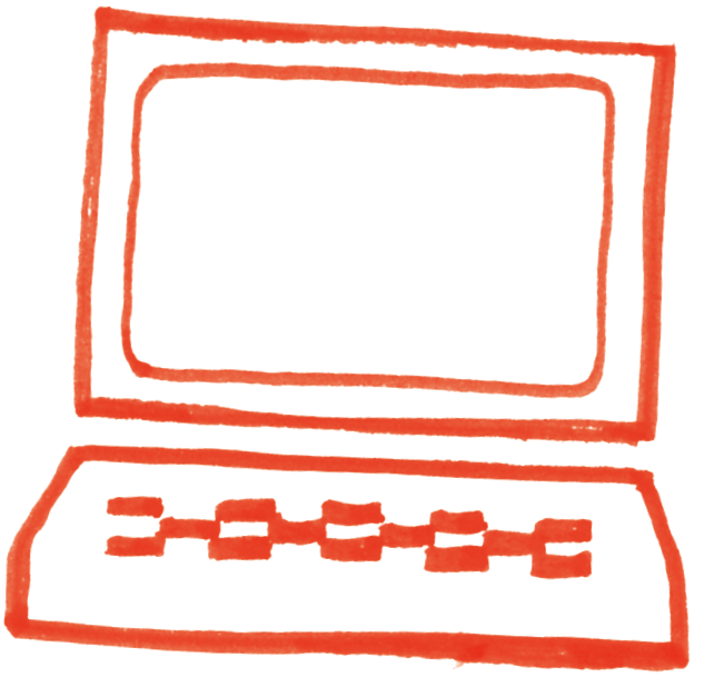 赤い枠で描かれたコンピュータのイラスト。