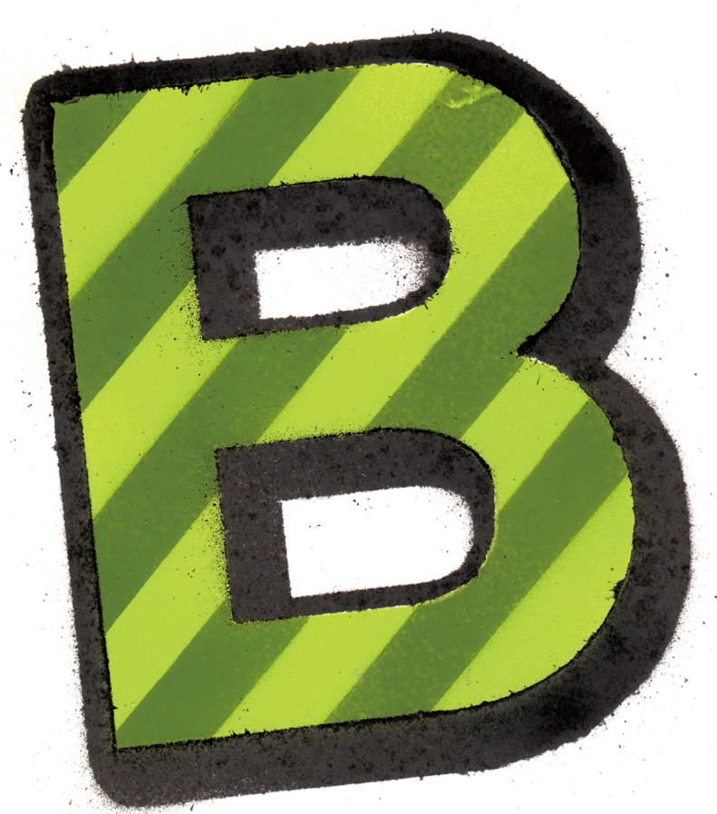 黒い縁取りの緑色の背景に斜めの黄色い縞模様の中に、黒い縁取りの大きな文字B