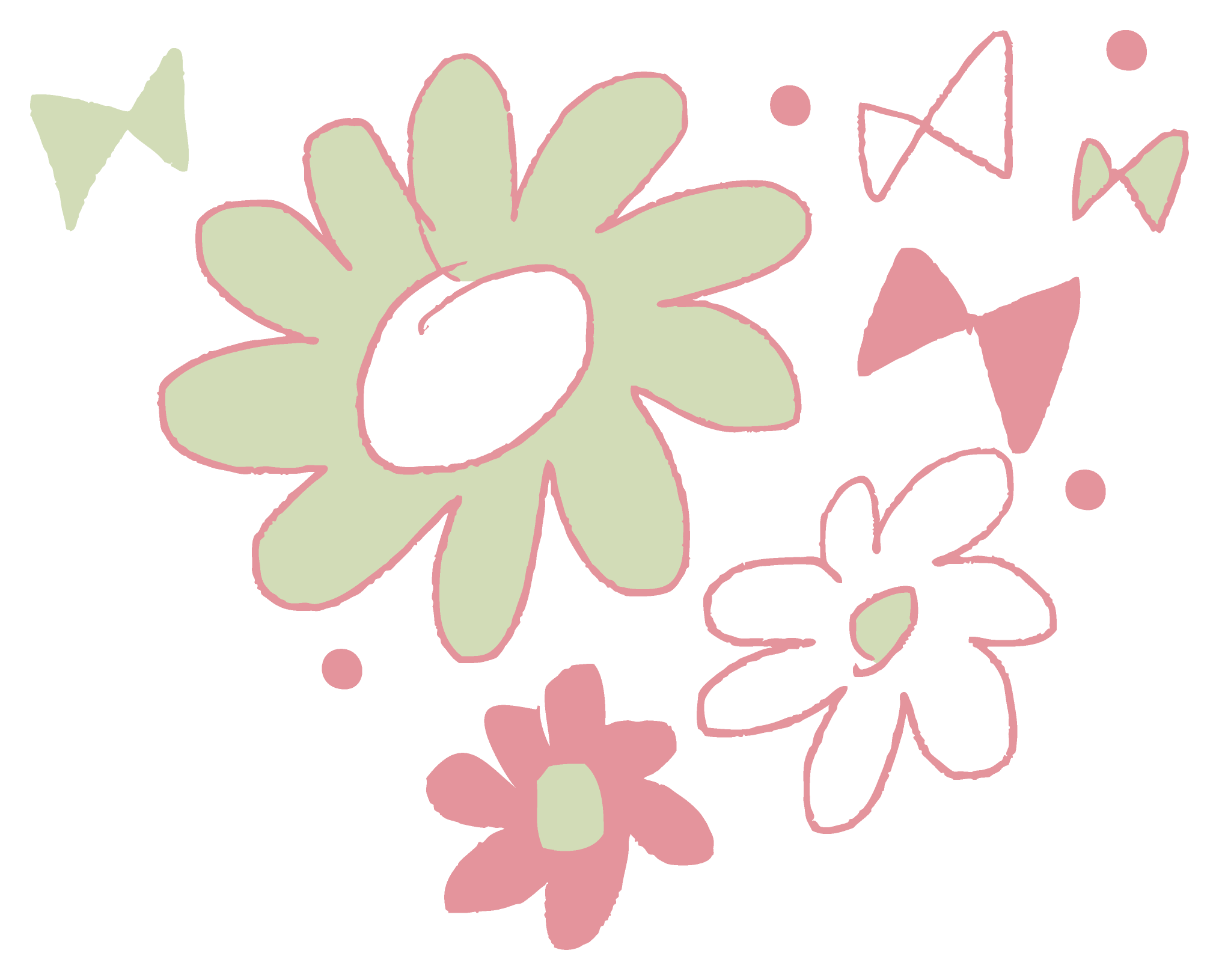 淡い緑とピンクの花と幾何学模様の図案。