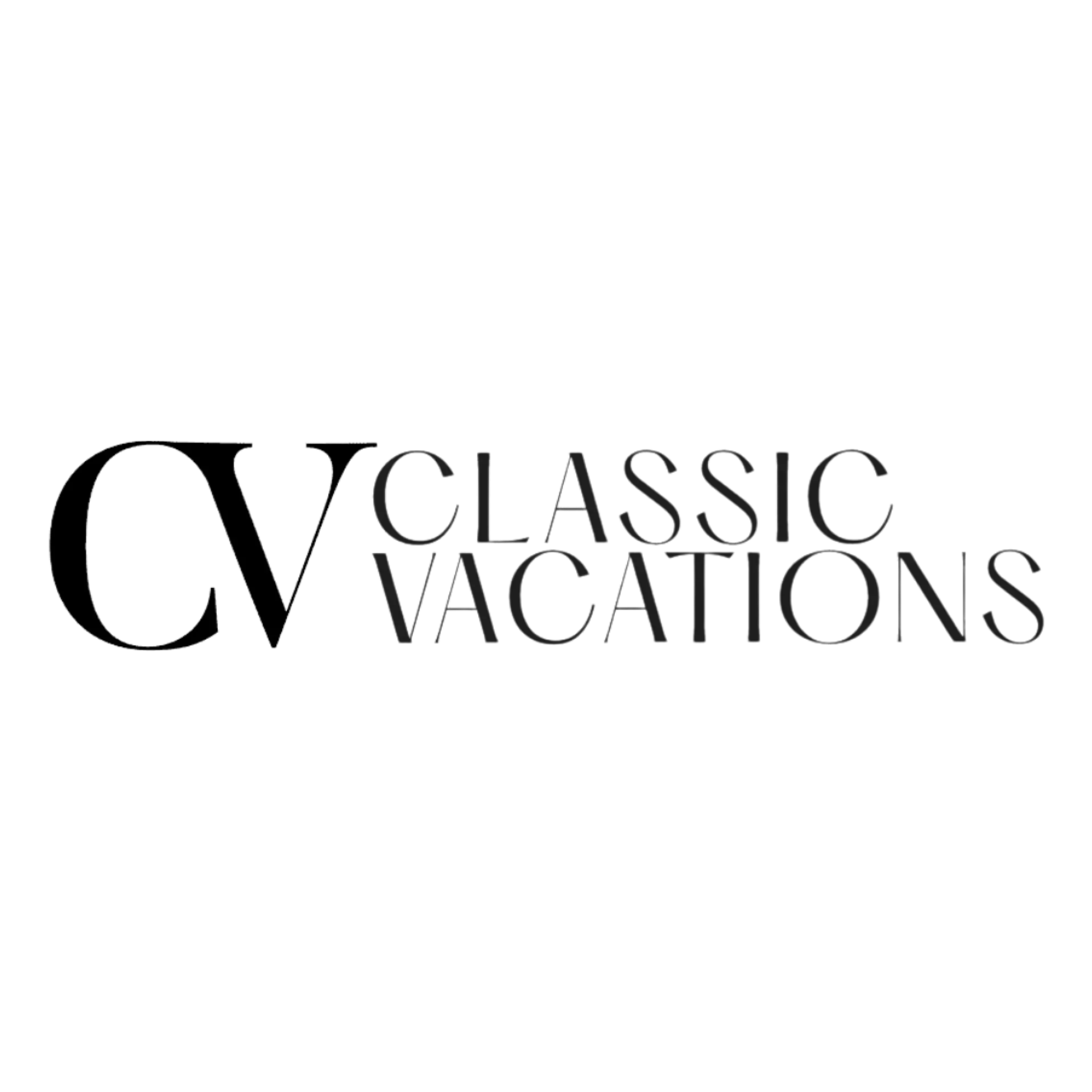 Image of a retro-style logo for 'Classic Vacations' with black text on a white background.