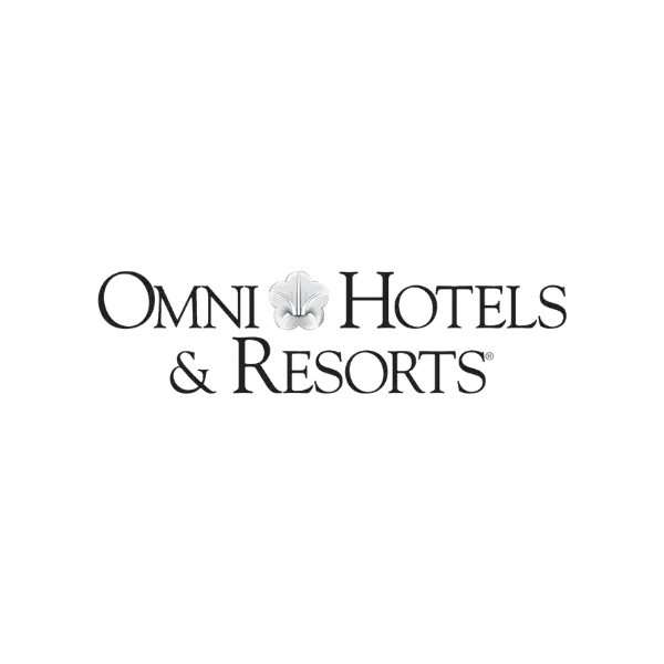 Logo for Omni Hotels & Resorts with black text and a white flower in the center.