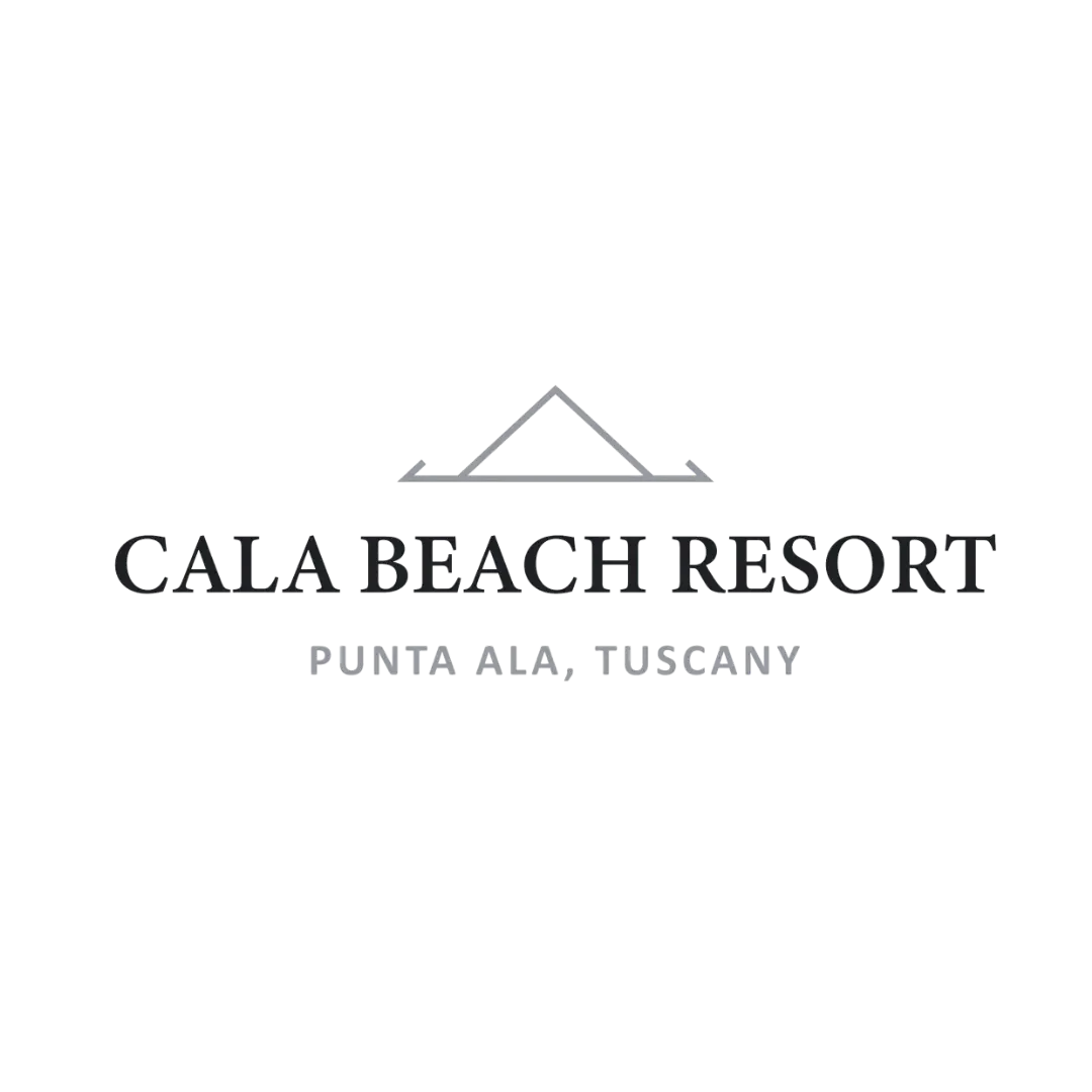 Logo for Gala Beach Resort, featuring a mountain with a triangular peak, and text stating 'Gala Beach Resort' and 'Punta Ala, Tuscany'.