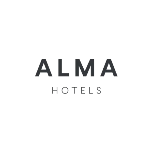 Logo for ALMA Hotels with the text 'ALMA' in large letters and 'Hotels' below in smaller font.