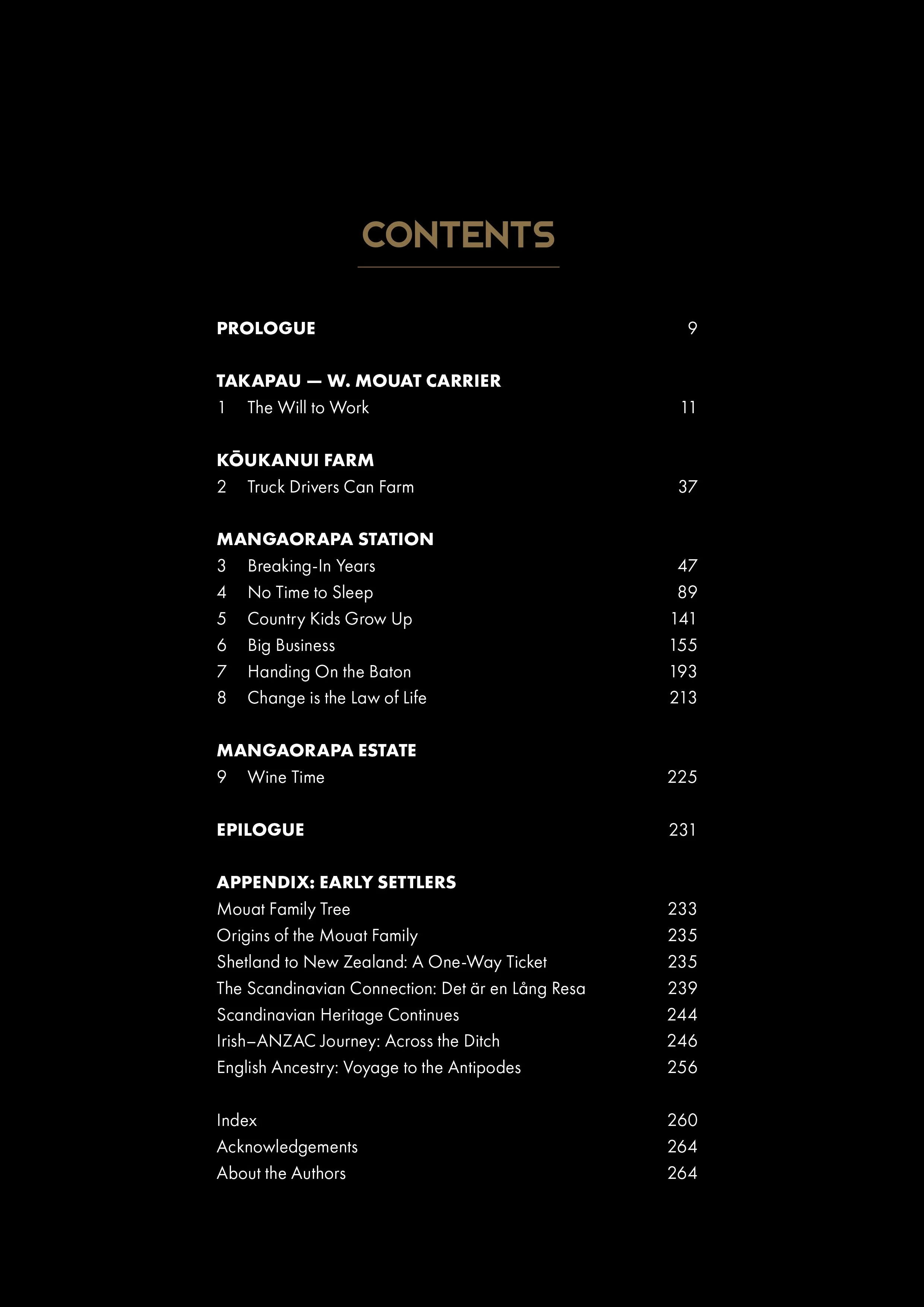 Table of contents page from a book with sections on W. Mouat Carrier, Kōukanui Farm, Mangaorapa Station, Mangaorapa Estate, Epilogue, and Appendices, listing chapters and their page numbers.