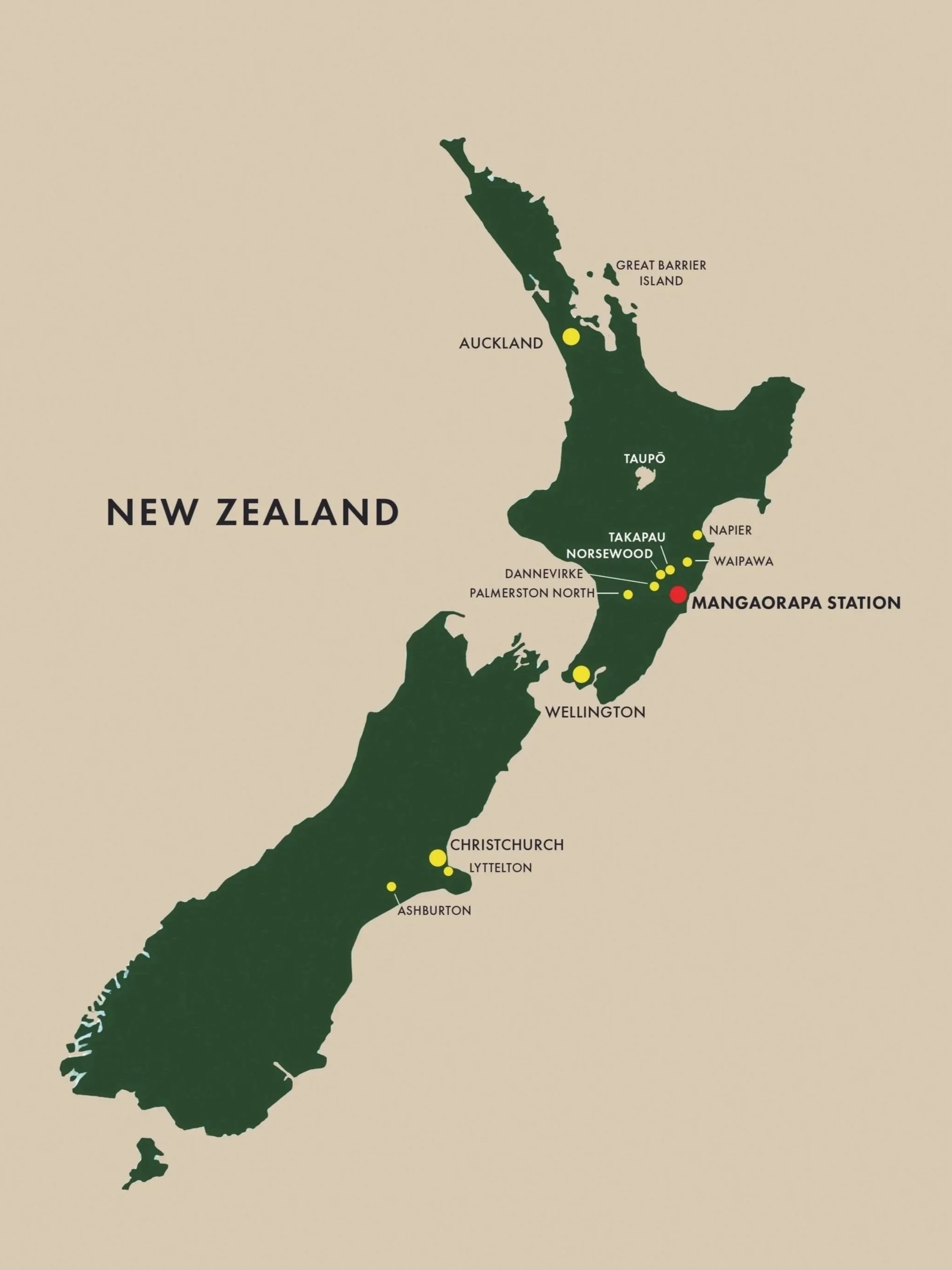 Map of New Zealand showing major cities. With key Hawke's Bay towns and Mangaorapa Station as location noted with red dot.