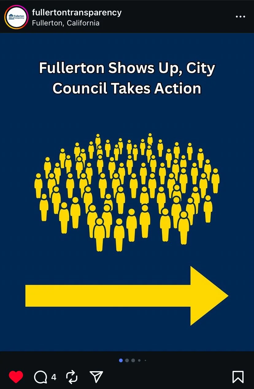 Poster with the headline 'Fullerton Shows Up, City Council Takes Action' and a graphic of yellow human icons forming a shape with a yellow arrow pointing right.