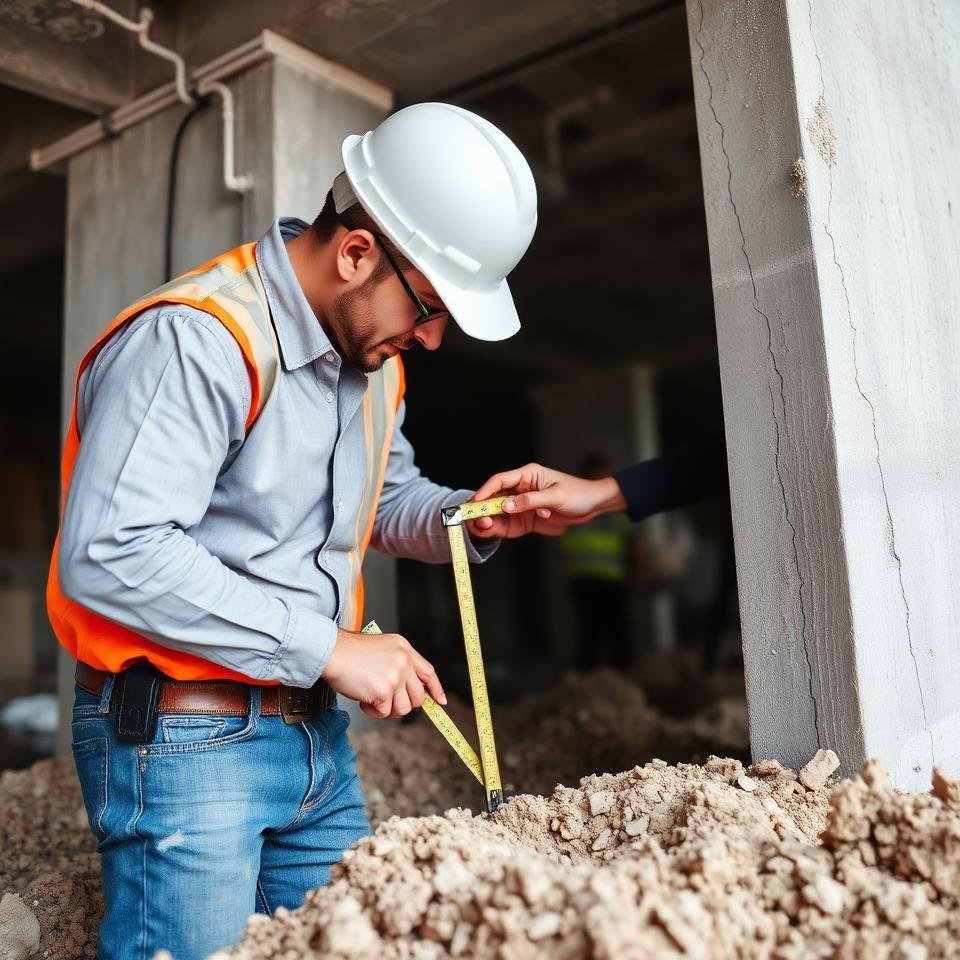 A construction worker with a white hard hat, glasses, and an orange safety vest uses a tape measure to measure a pile of dirt at a construction site.