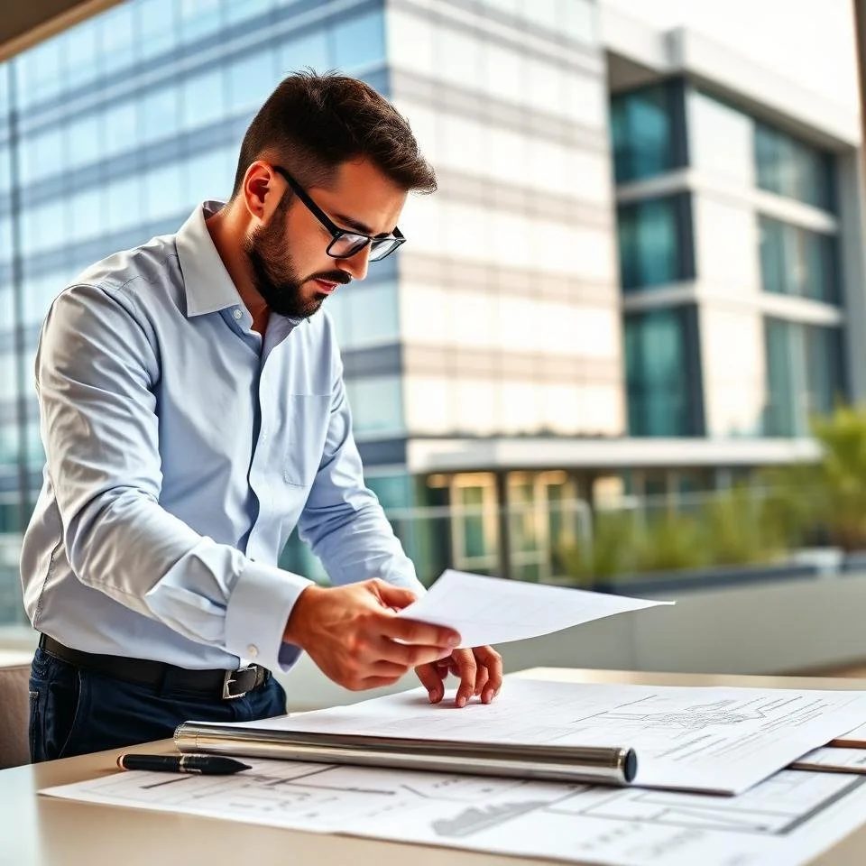 Man in glasses reviewing blueprints outside modern office building.