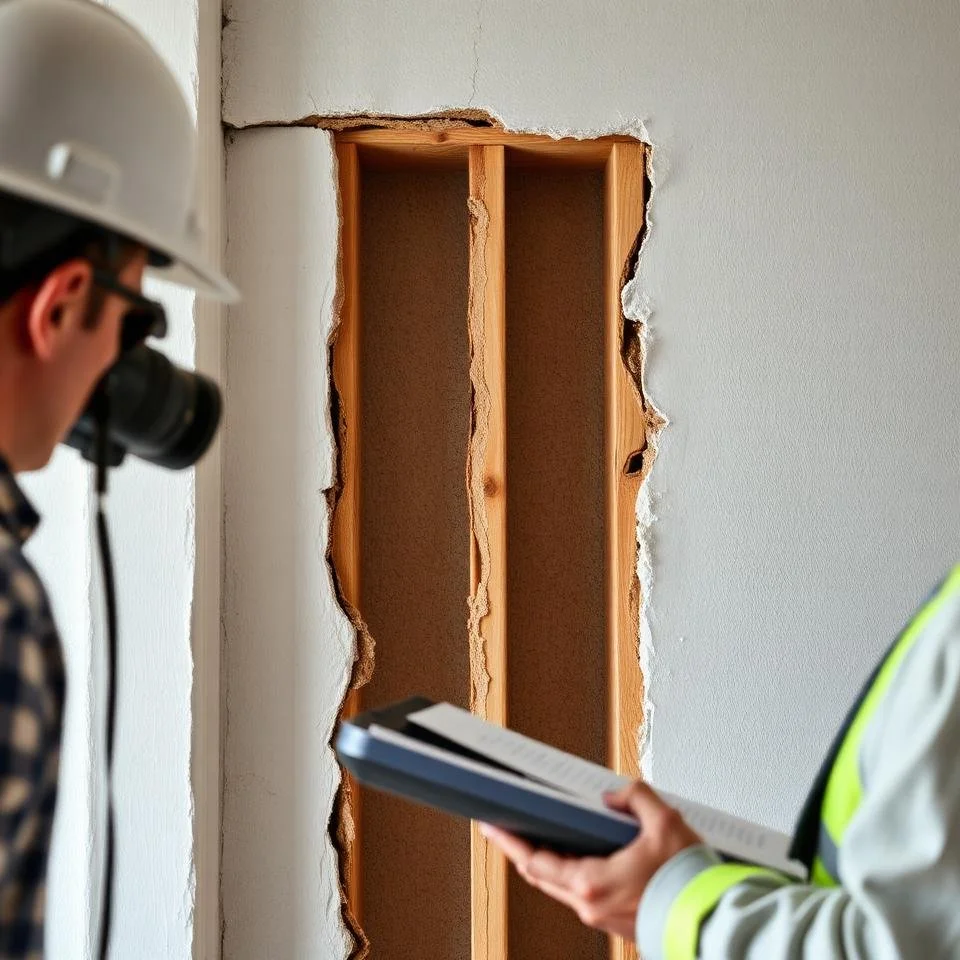 Construction worker and inspector reviewing wall framing and damage.