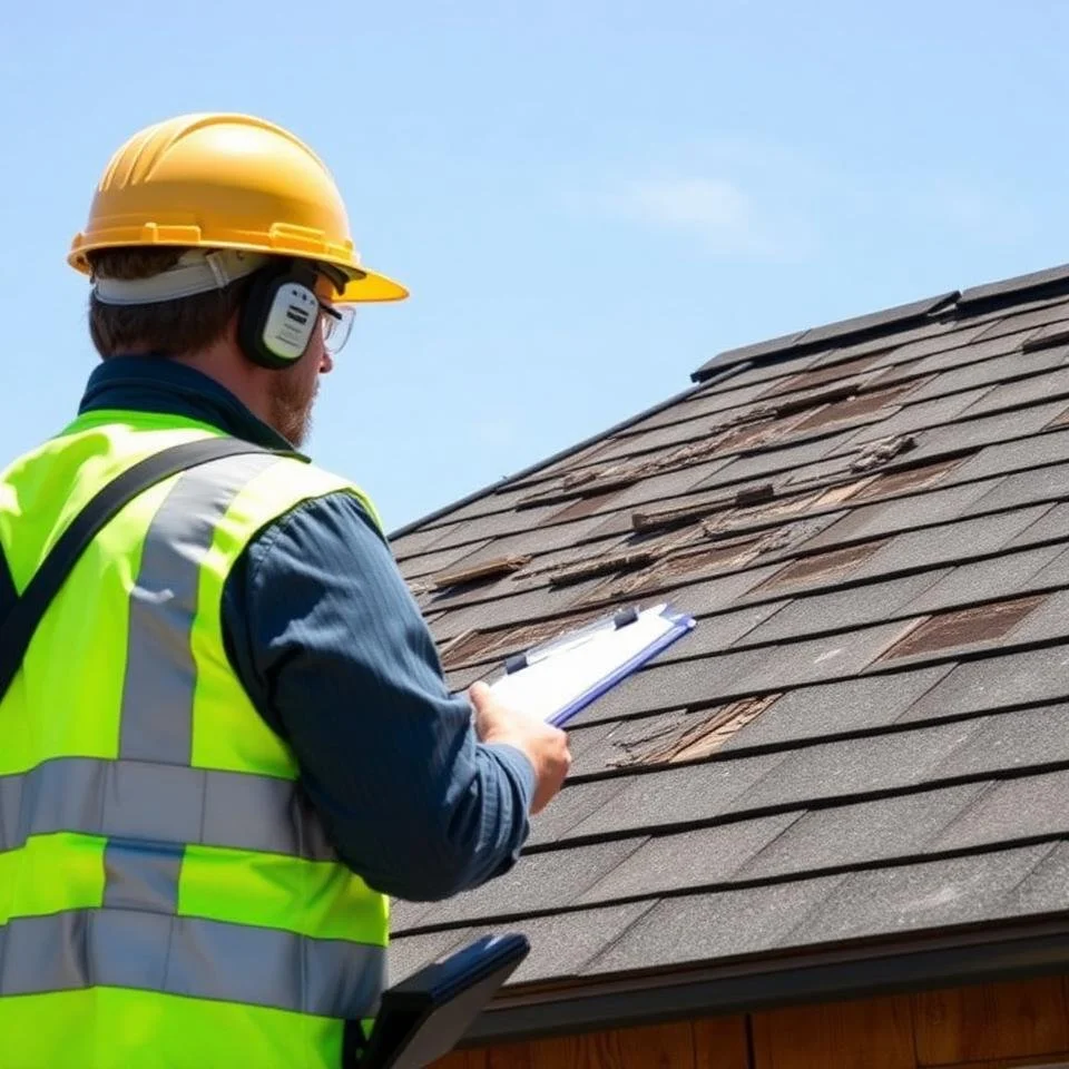 A construction worker inspecting a roof with a clipboard, wearing a yellow safety helmet, ear protection, safety glasses, and a high visibility vest.