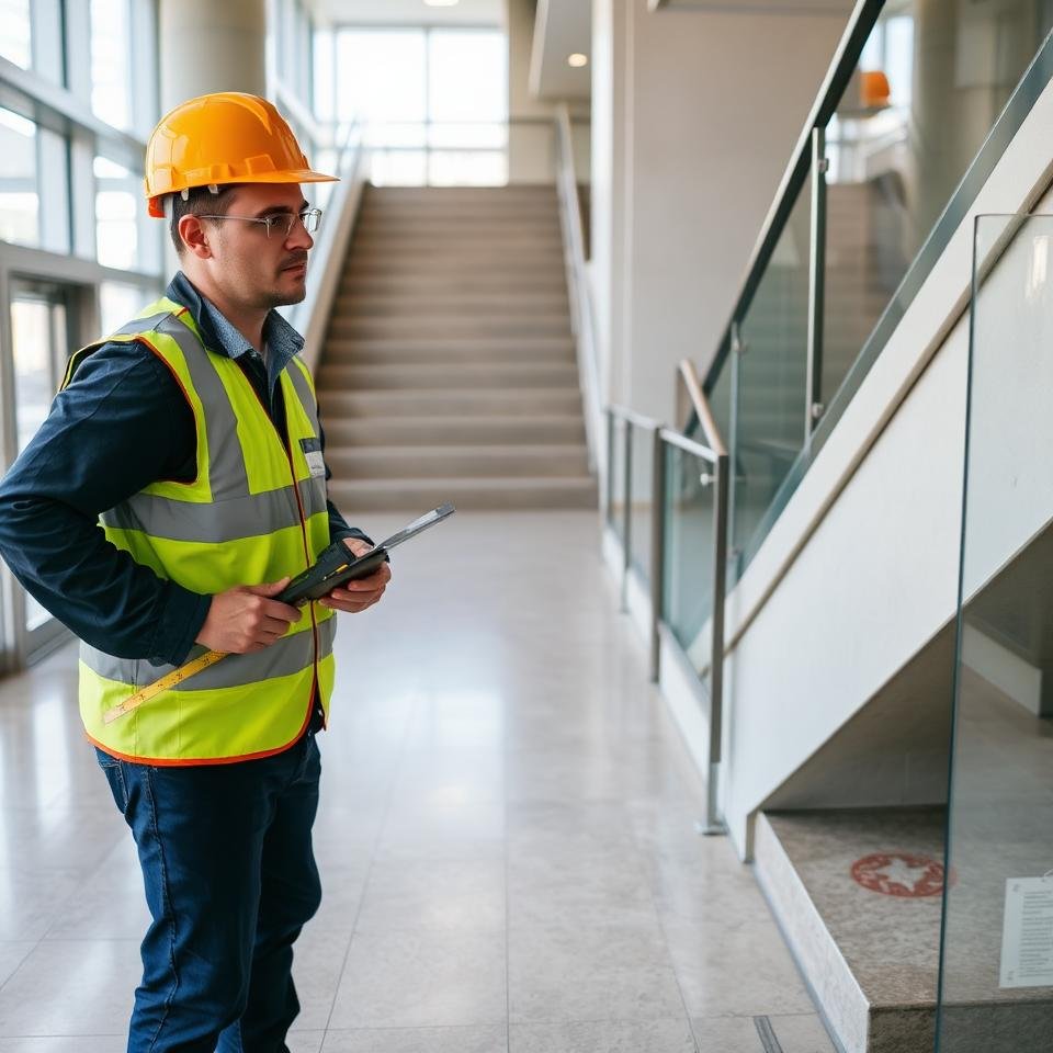 A construction worker in a yellow safety vest and hard hat holding a clipboard and measuring tape, standing indoors near a staircase with glass railings.
