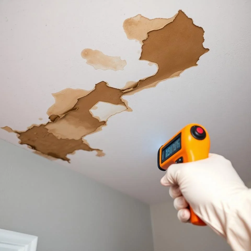 Person in a white glove uses an infrared thermometer to check the temperature of water leakage in a damaged ceiling with peeling brown paint and water stains.