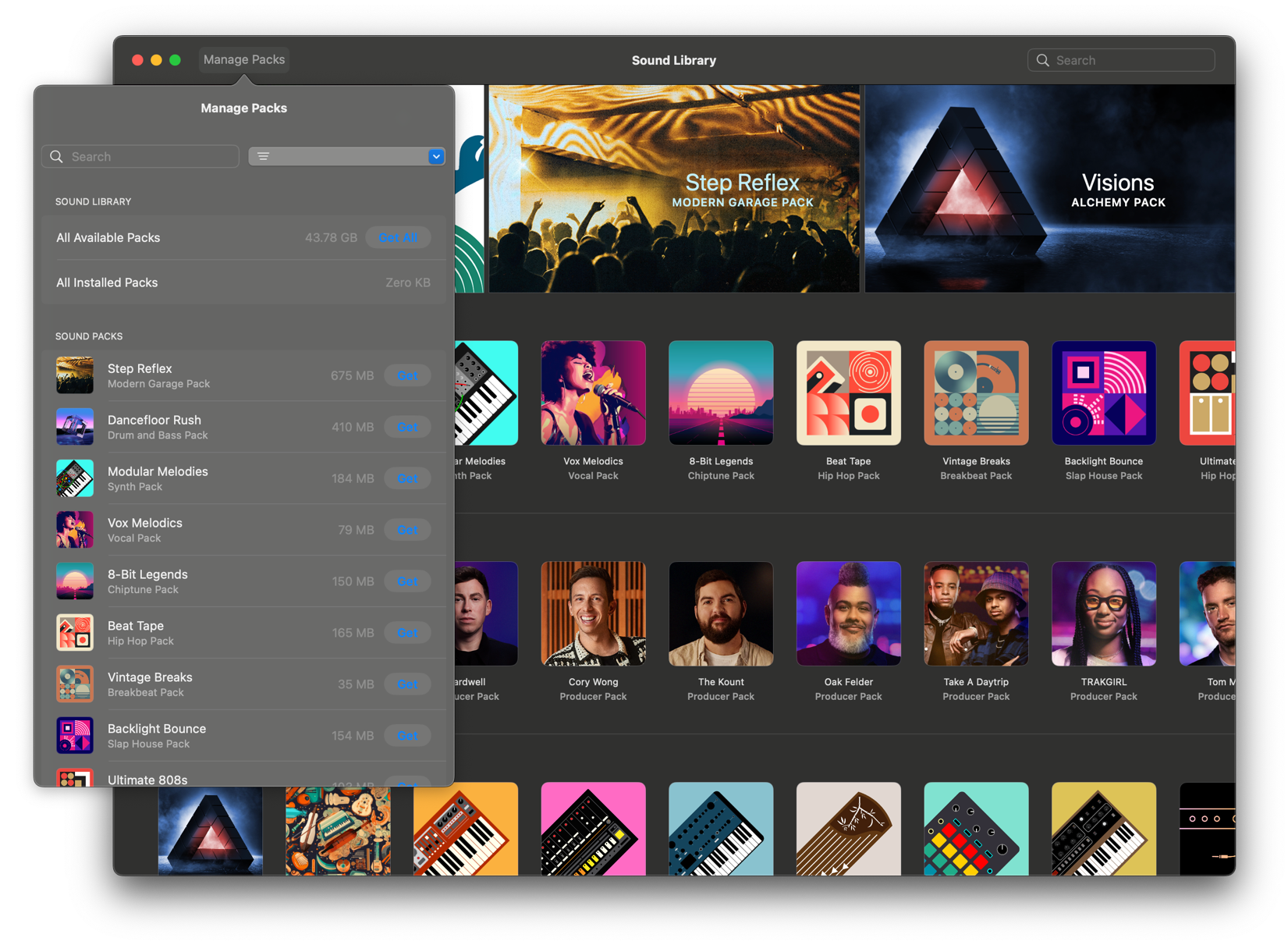 Manage Packs overlay panel