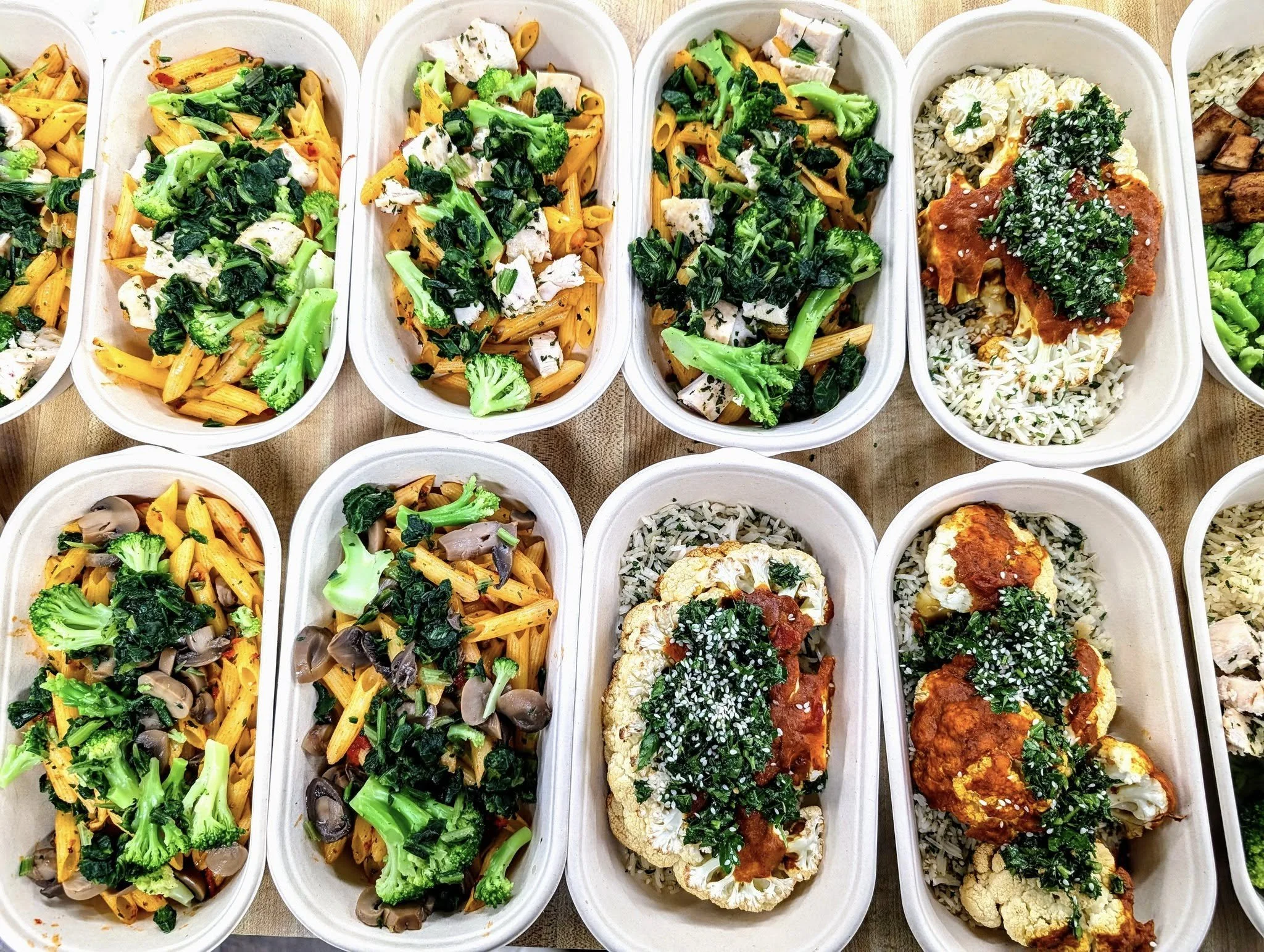 Meal prep containers filled with pasta, vegetables, and cauliflower steaks topped with sauce and herbs.