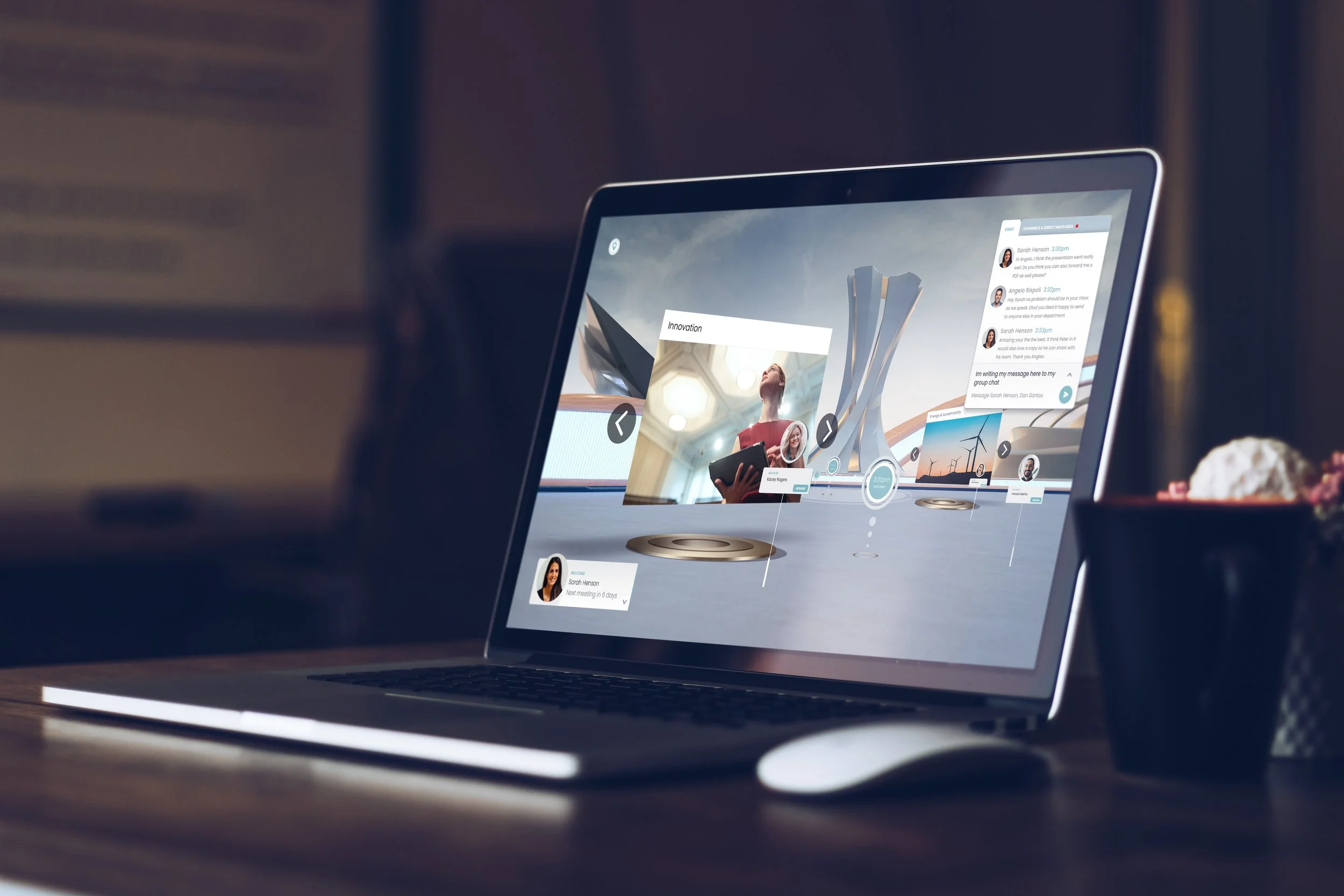 A laptop on a desk displaying a virtual conference in the Curiious Platform with images of women, chat messages, and icons for navigation.