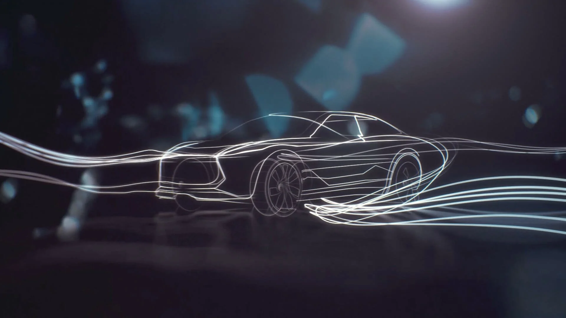 Digital line drawing of a sports car on a dark background with light streaks outlining its shape.