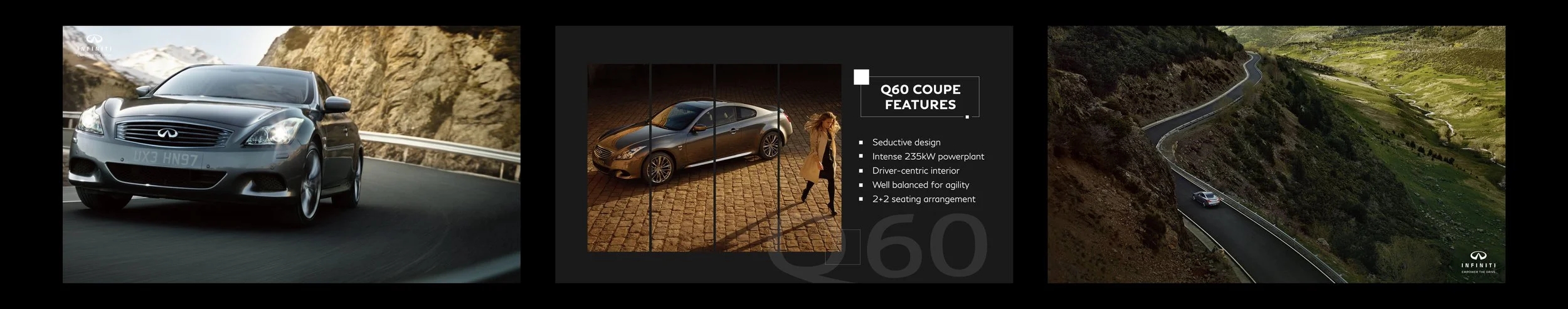 Compilation of three images features a silver Infiniti car on a mountain road, a car in a studio setting with information about the Q60 coupe, and a silver Infiniti car driving on a winding mountain road.