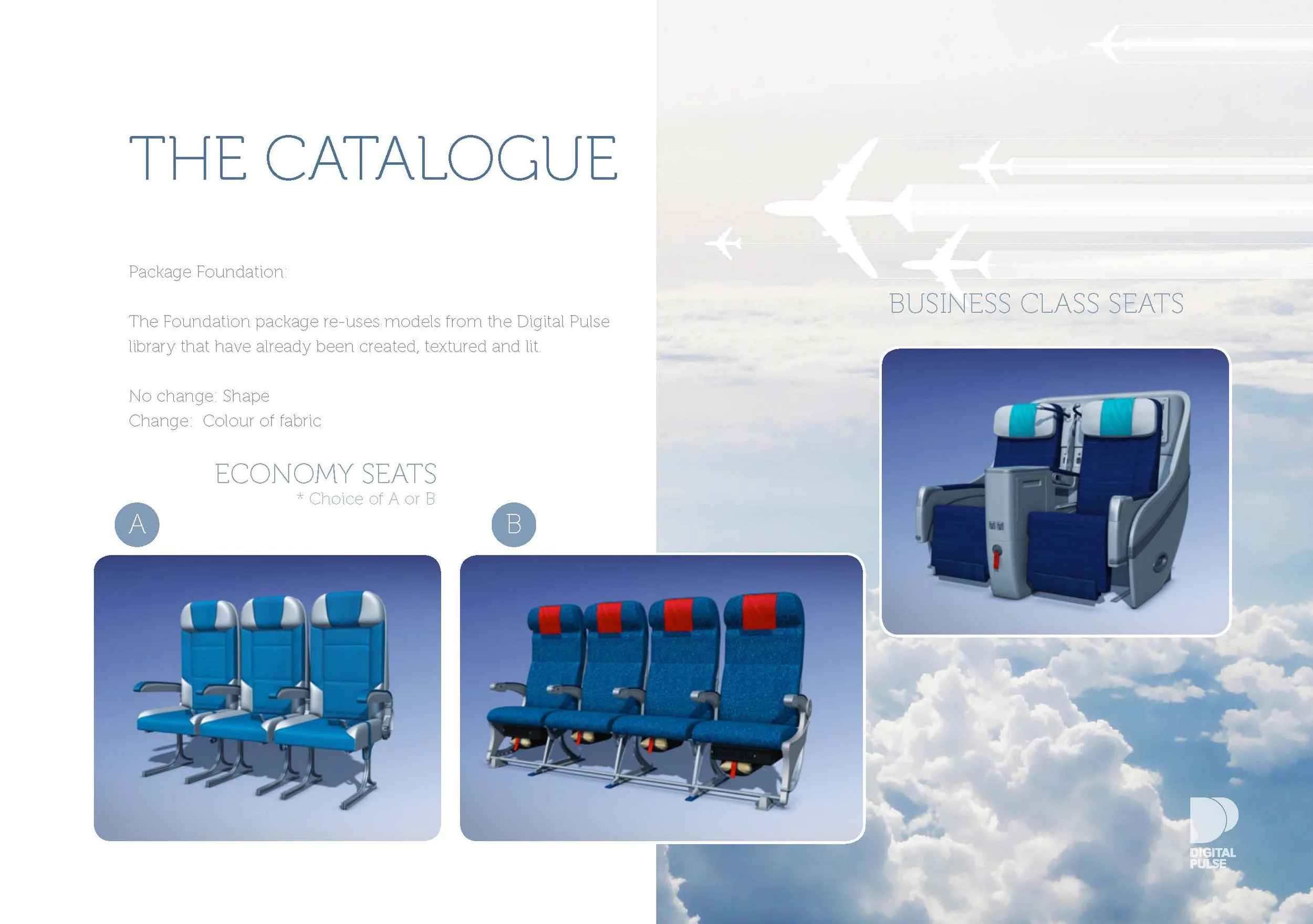 Two pages of a catalog showing airplane seats, including economy and business class options, with a background of clouds and sky.