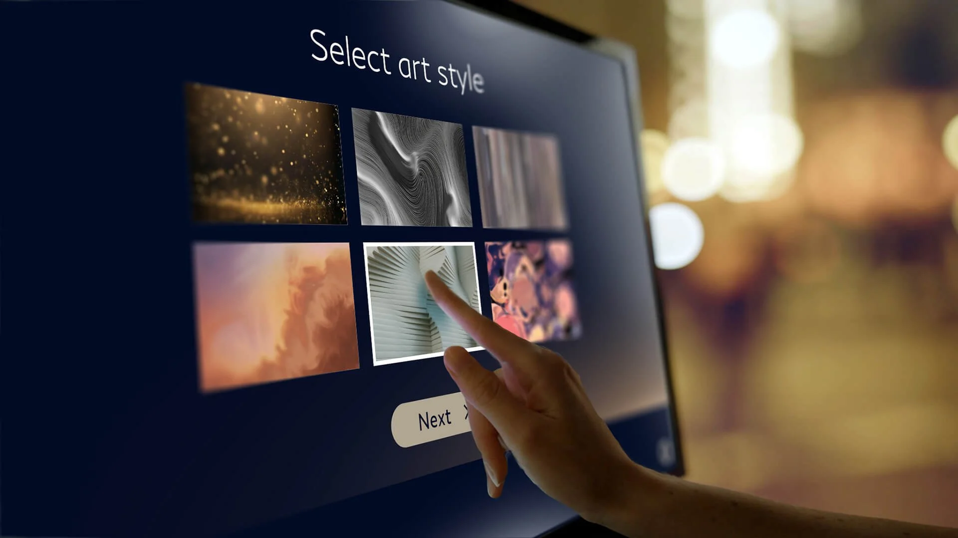 Person selecting art style on digital screen with various artwork options displayed.