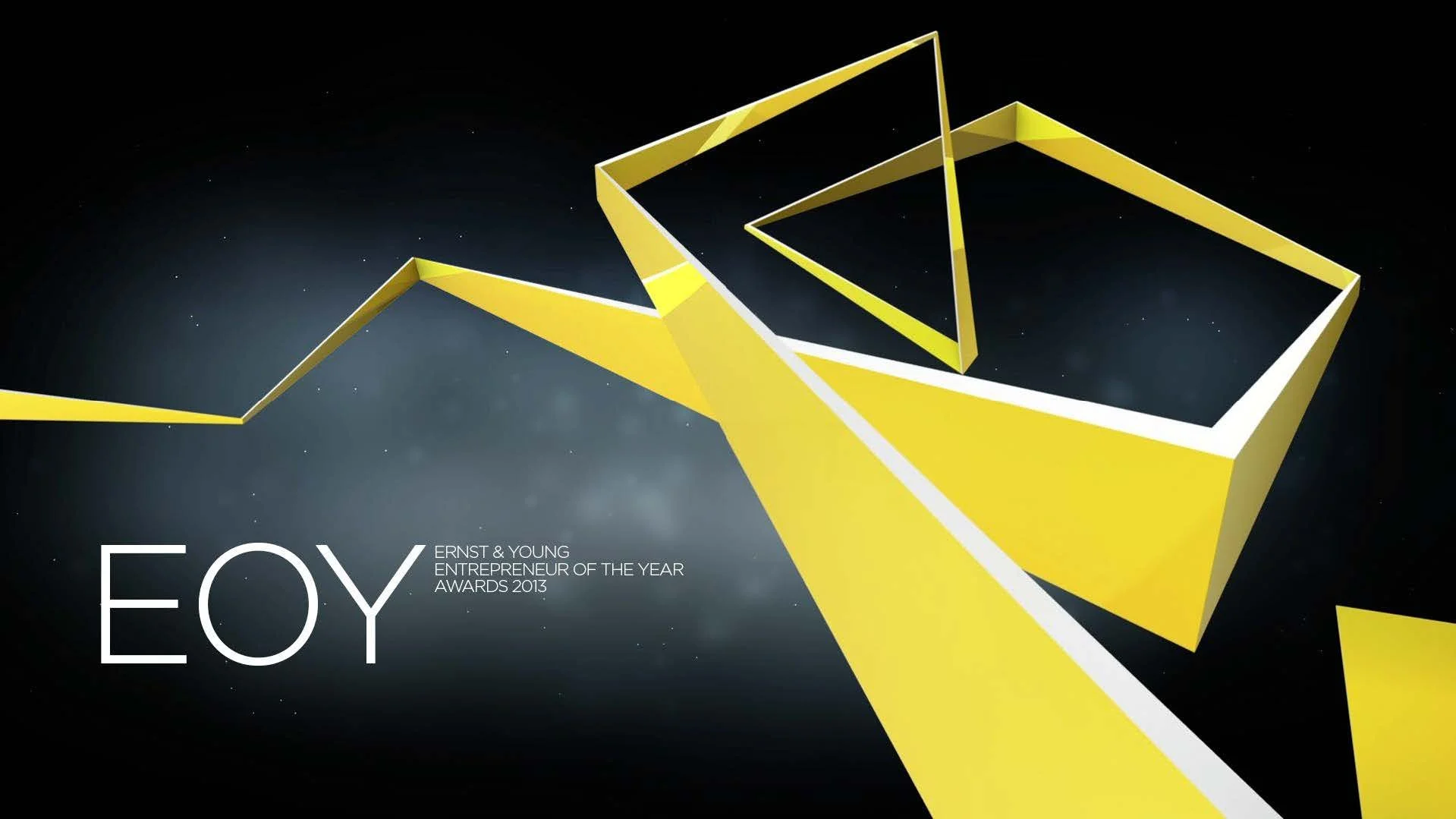 Yellow 3D geometric logo with text 'EFY Ernst & Young Entrepreneur of the Year Awards 2013' on a dark starry background.