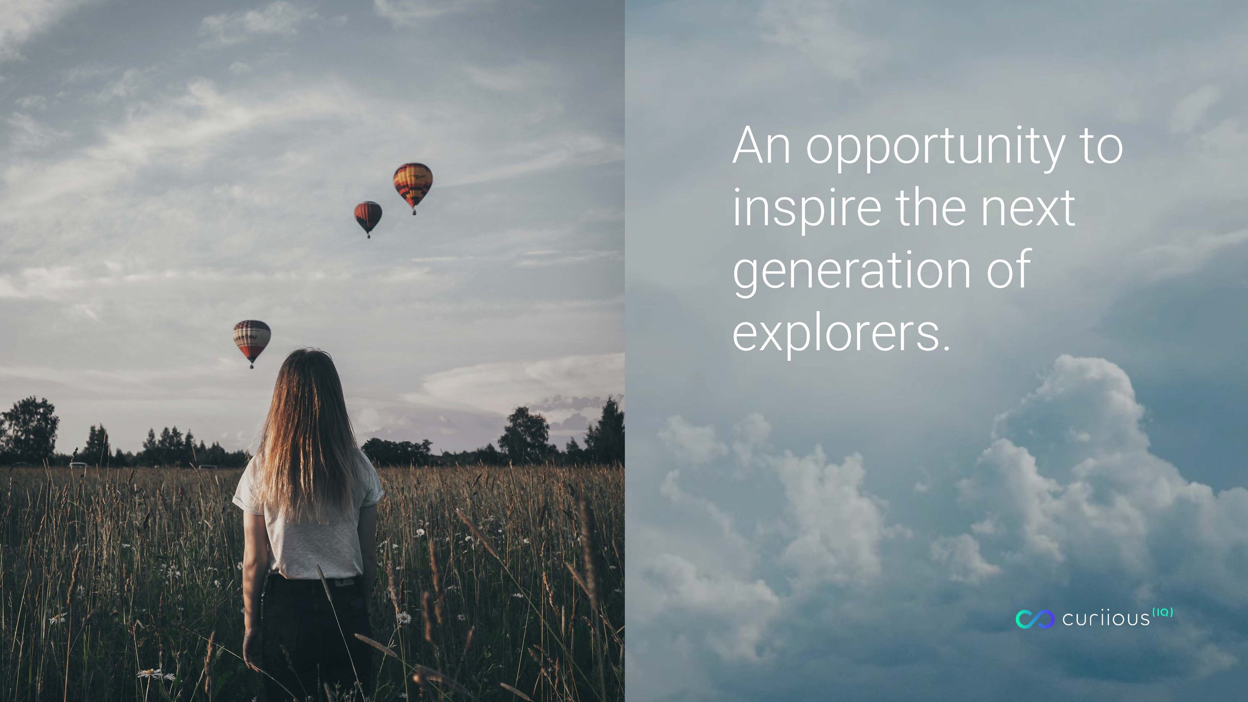 A girl with long hair standing in a field watching hot air balloons in the sky, alongside a text overlay saying 'An opportunity to inspire the next generation of explorers.'