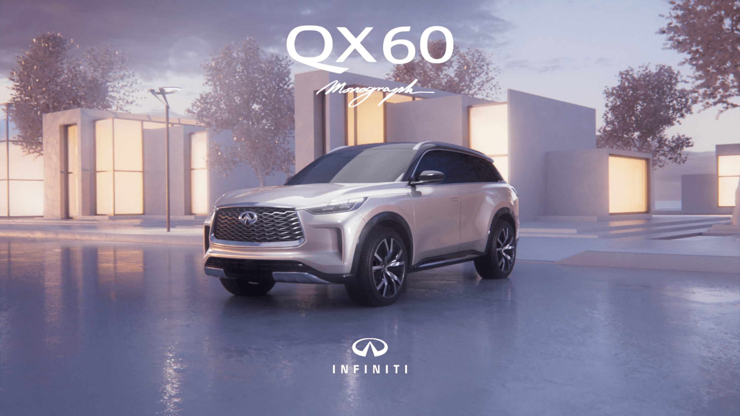 Silver Infiniti QX60 Monograph SUV parked on a wet street in front of modern white buildings with rectangular illuminated windows and leafless trees, during twilight.